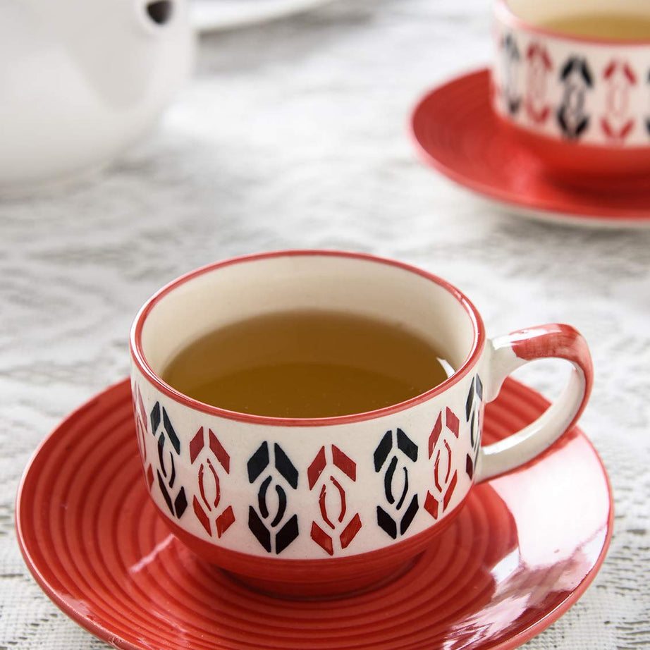 KITTENS Ceramic Tea Cup Saucer set 6, Handpainted Design, Microwave and Dishwasher Safe, Red Colour, 160ml