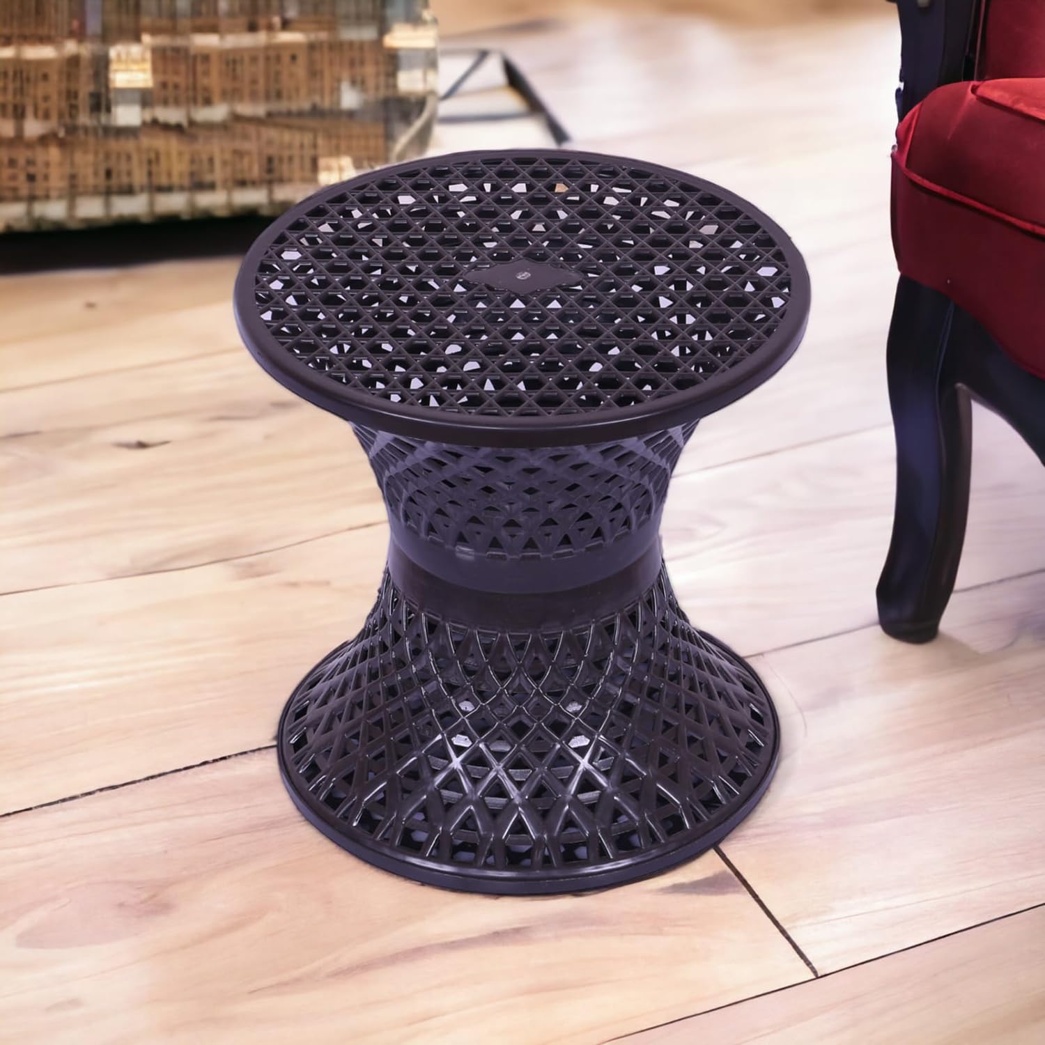 Kuber Industries Seating Stool | Plastic Mesh Damroo Stool | Both Sided Stool for Guestroom | Damroo Style Stool | Stool for Graden | Stool for Balcony | Brown