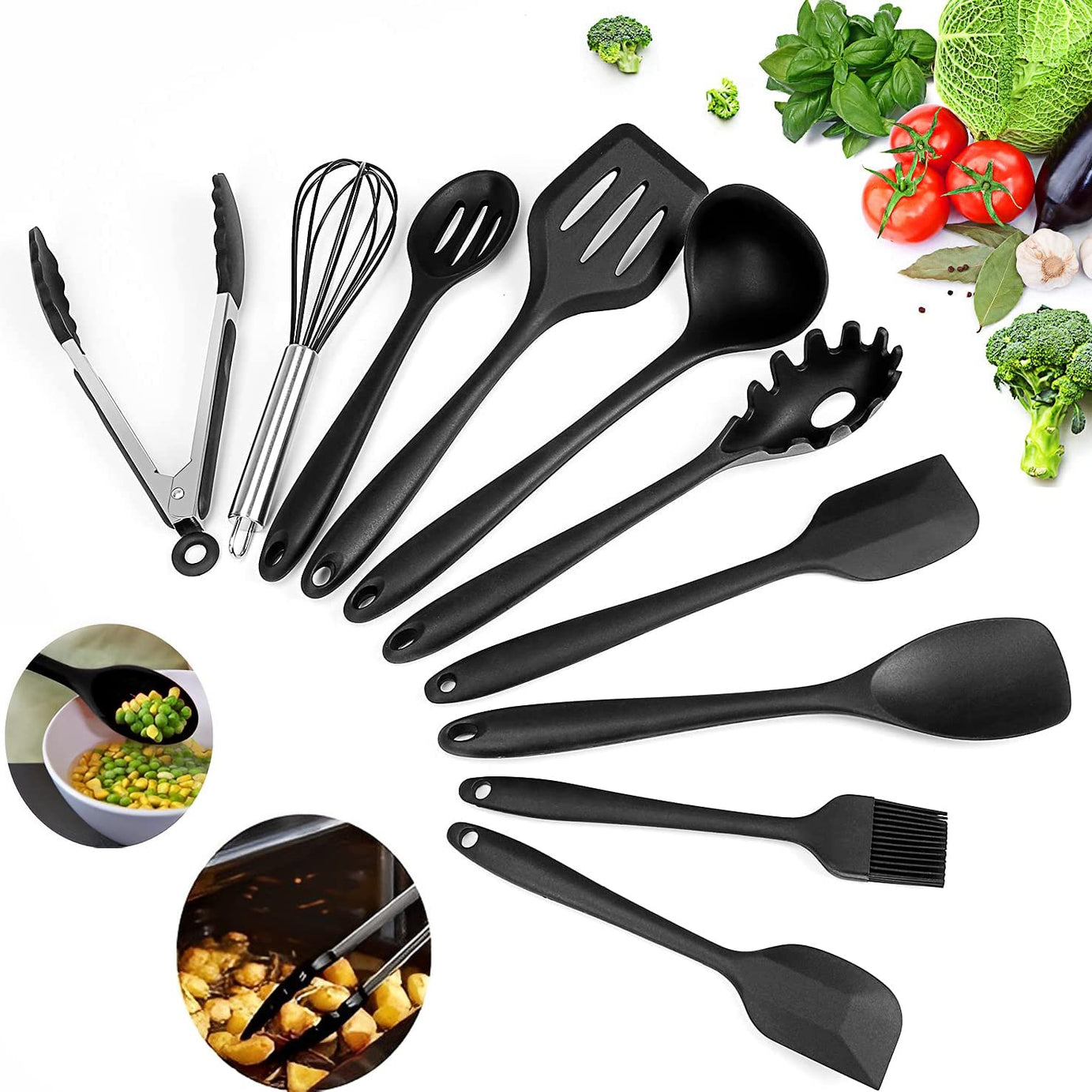 SYGA Silicone Kitchen Utensils Spoon Set, 10 Pieces Silicone Cooking & Baking Tool Sets Non-Toxic Hygienic Safety Heat Resistant_Black