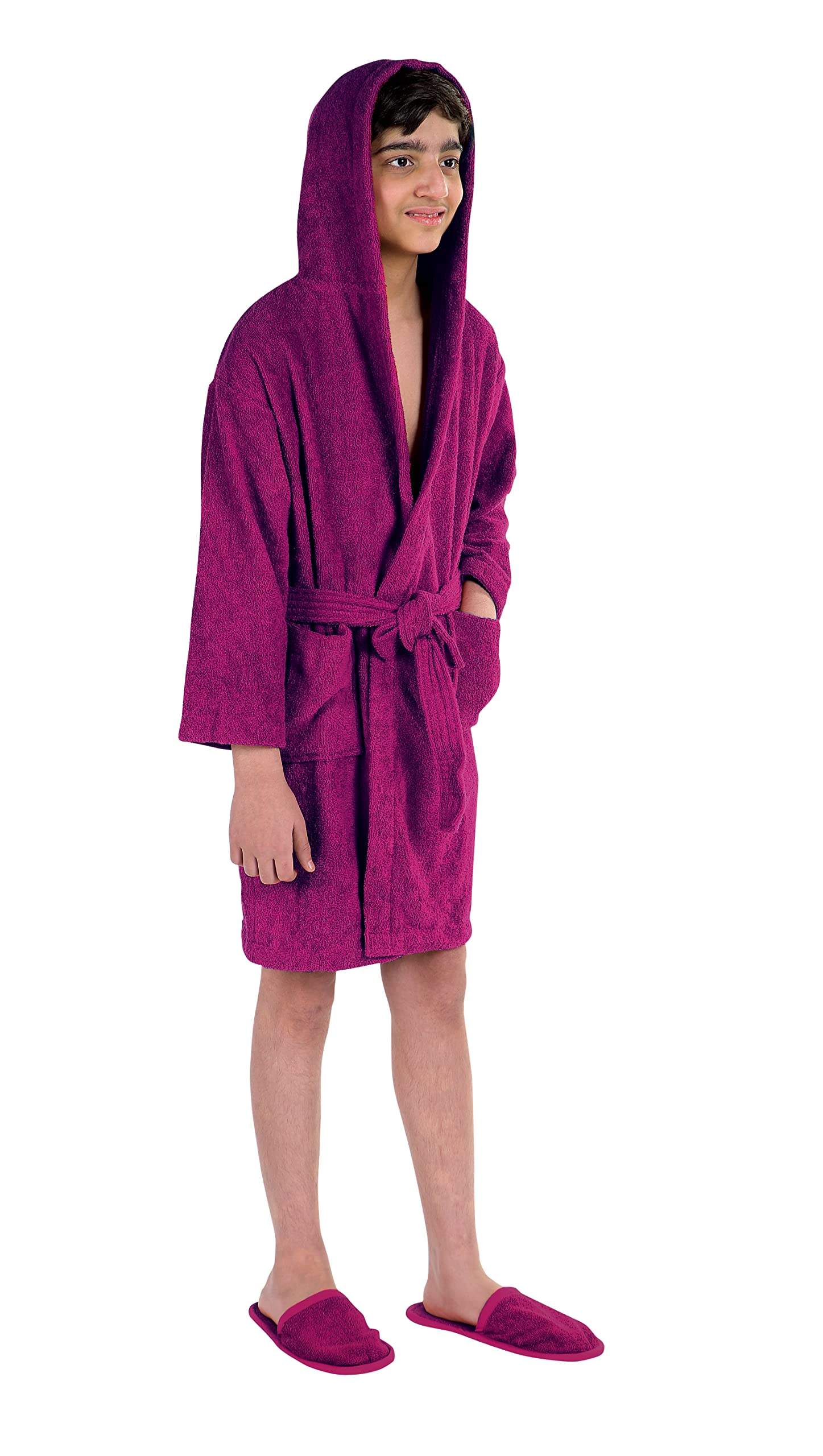 Cotton Trendy Kids Soft Plush Luxury Hooded 100% Cotton 400 Gsm Bathrobe With Matching Bathroom Slippers, Hooded Bathroom Pool Gown For Boys and Girls Higher Absorbency (12-14 Years, Purple)