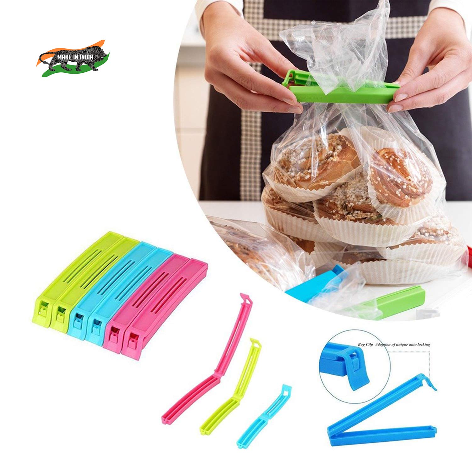 VR 18 Pcs - 3 Different Size Plastic Food Snack Bag Pouch Clip Sealer Large, Medium, Small Plastic Snack Seal Sealing Bag Clips Vacuum Sealer (Set of 18, Multi-Color) (Multicolor)