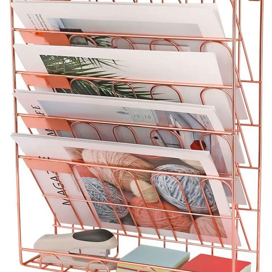 Artzilla 6-Tier, Rose Gold Metal Wire Magazine Stand/Newspaper Stand/File Organizer Holder Wall Mounted Hanging Magazine Holder For Study Table Office Desk