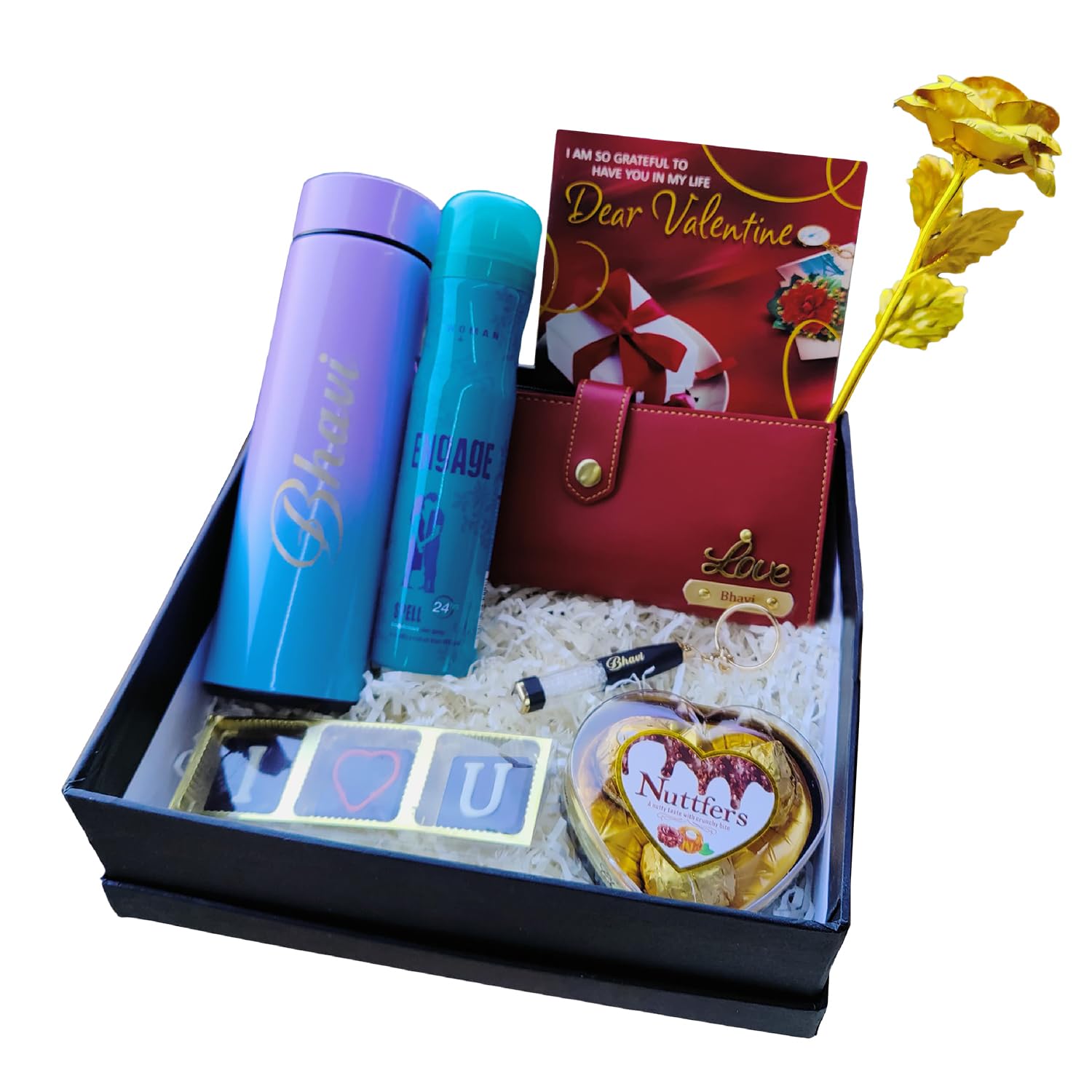 Innovative Gifts Customized Women Gift Hamper – Wallet, Water Bottle, Keychain, Perfume, Love & Feronis Chocolate, Golden Rose, Valentine Card I Personalized Gift for Her Birthday Anniversary Wedding