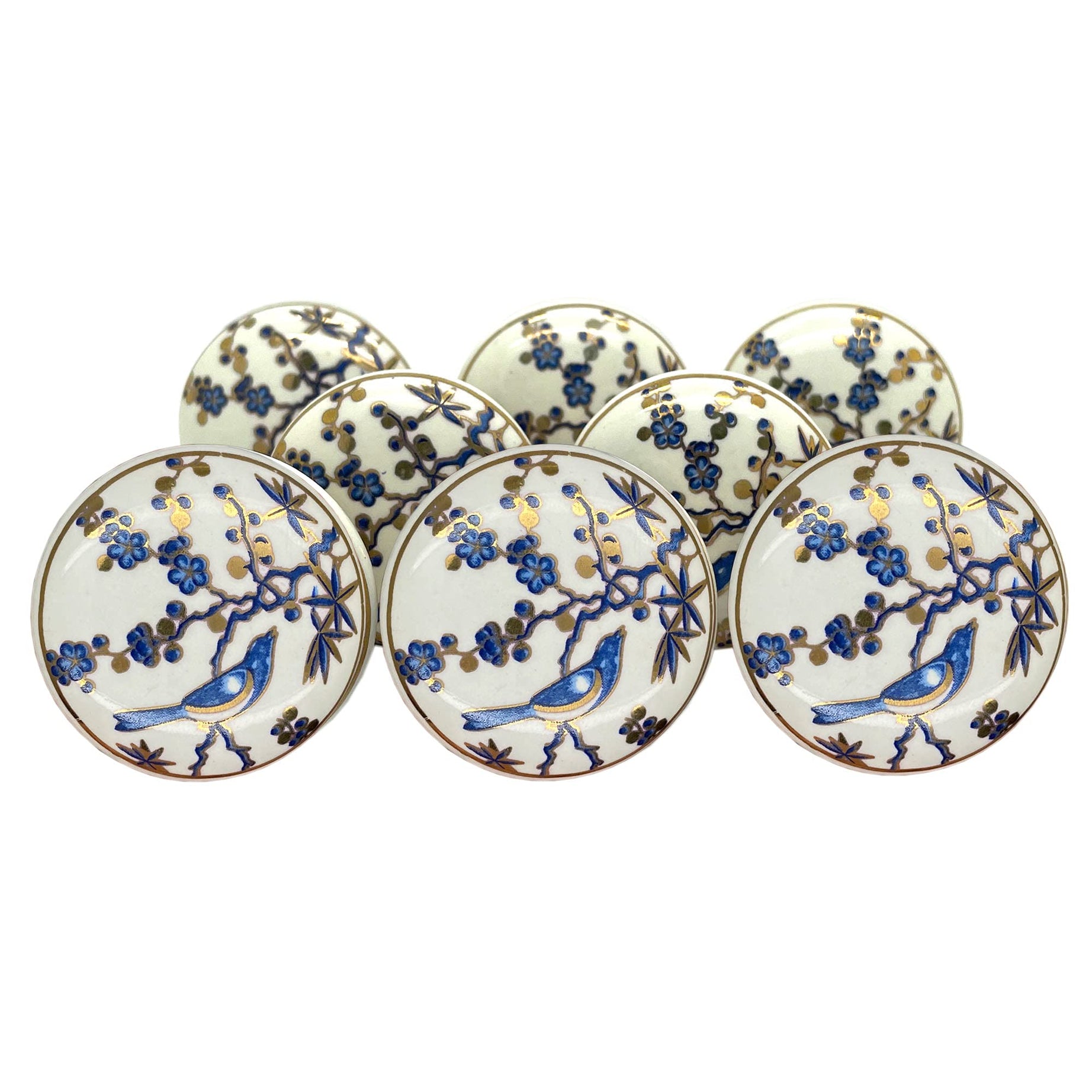 SHWETAIL Ceramic Knobs Drawer Pulls for Cabinets and Cupboards (38mm, Gold Multicolour) - Pack of 8 (Blue Bird)