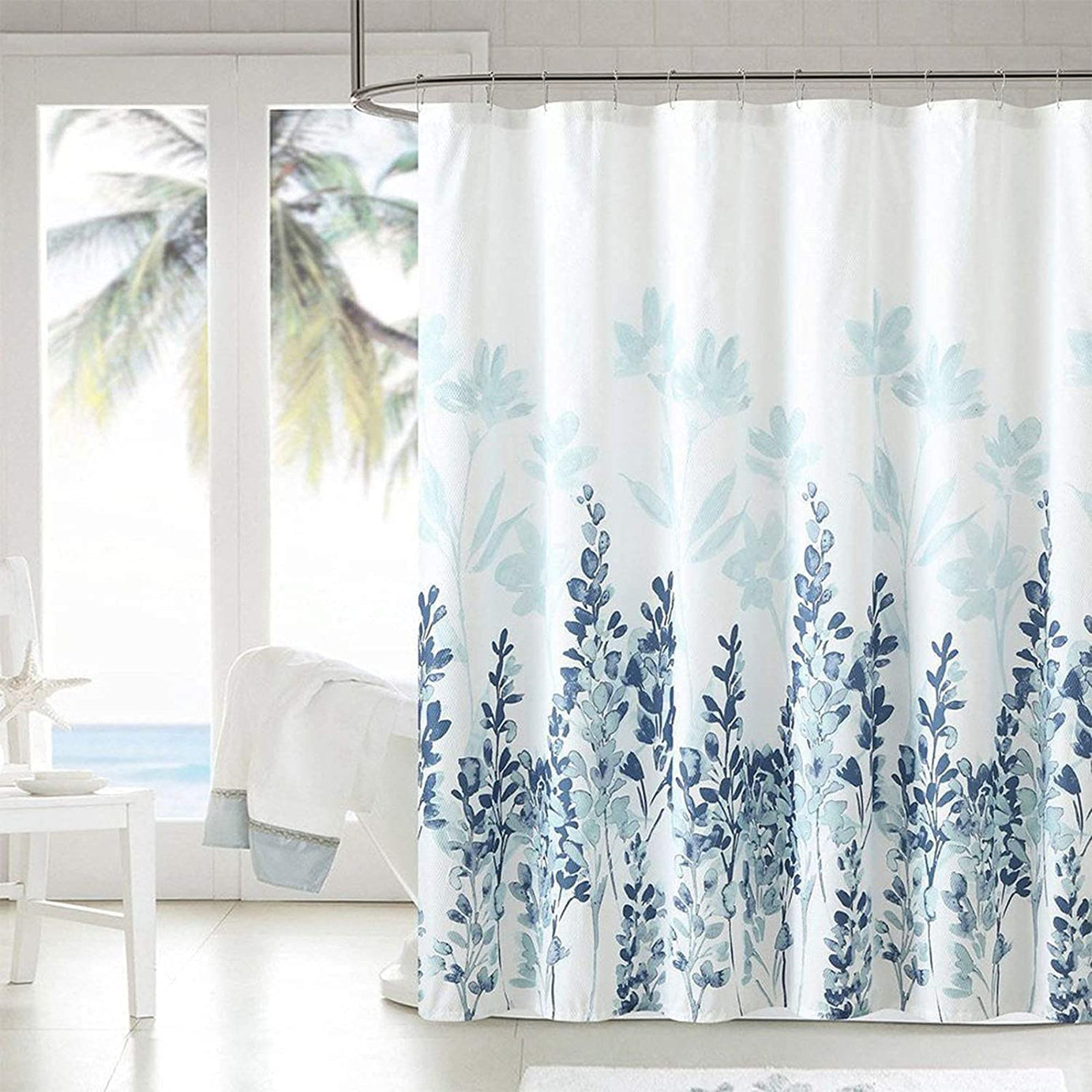 homewards Polyester Blue Floral Design Shower Curtain With 12 Stainless Steel hooks , Standard, 72" X 78" (180 cm x 200 cm )