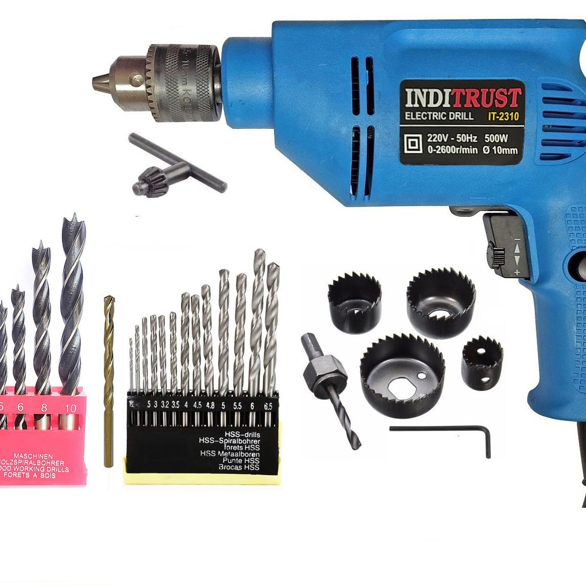 Inditrust New 3 Month Warranty 10mm Reversible Electric drill machine 450 W with 1pc Masonry 5pc Wood 6pc Hole saw 13pc HSS Woo Drill bit set (Pack of 5) Pistol Grip Drill (BLUE)