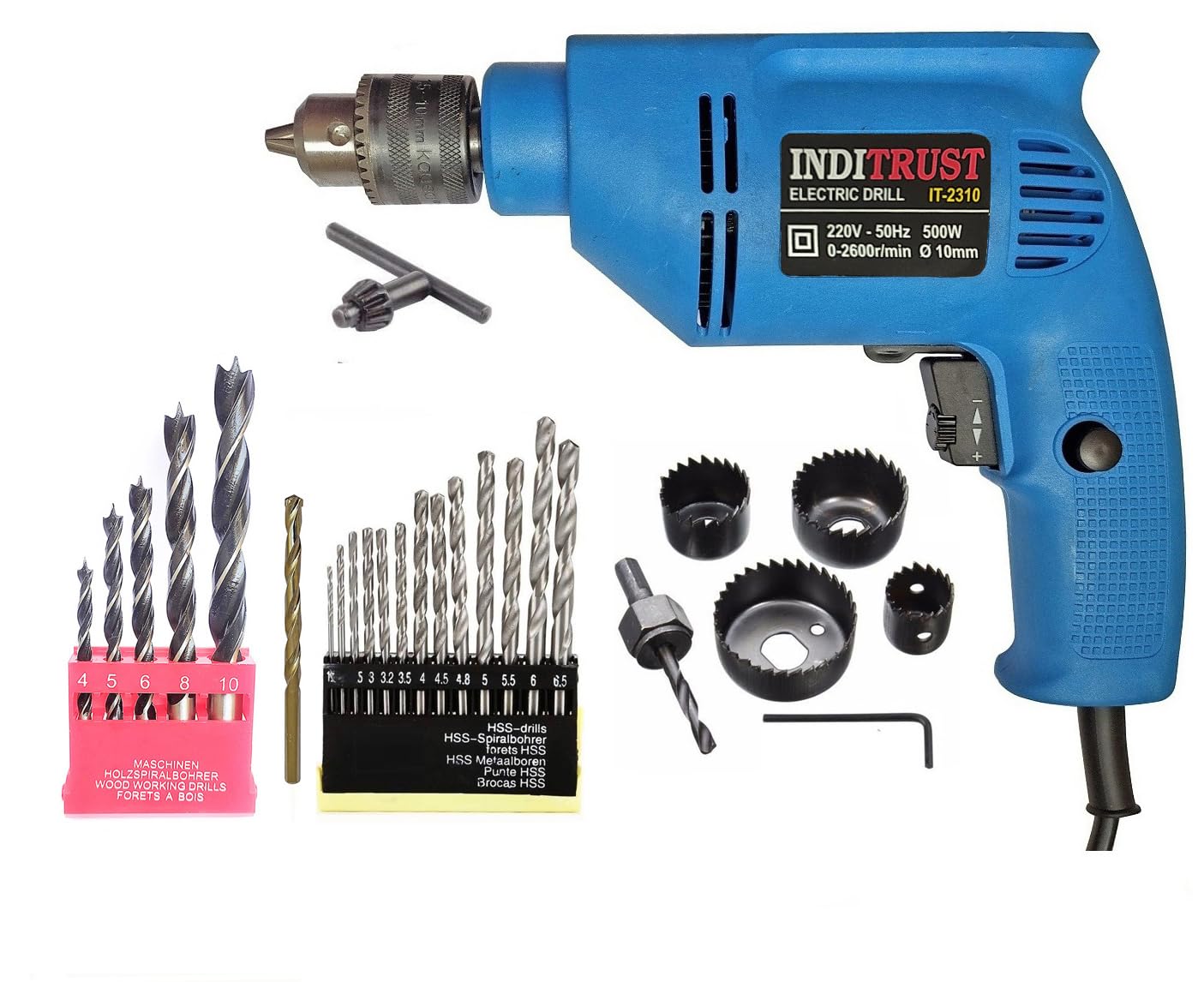 Inditrust New 3 Month Warranty 10mm Reversible Electric drill machine 450 W with 1pc Masonry 5pc Wood 6pc Hole saw 13pc HSS Woo Drill bit set (Pack of 5) Pistol Grip Drill (BLUE)