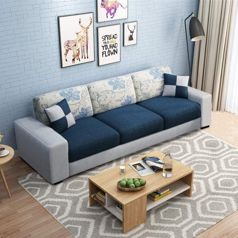 FURNY Orionoy 3 Seater Fabric Sofa Set - (Dark Blue-Light Grey)