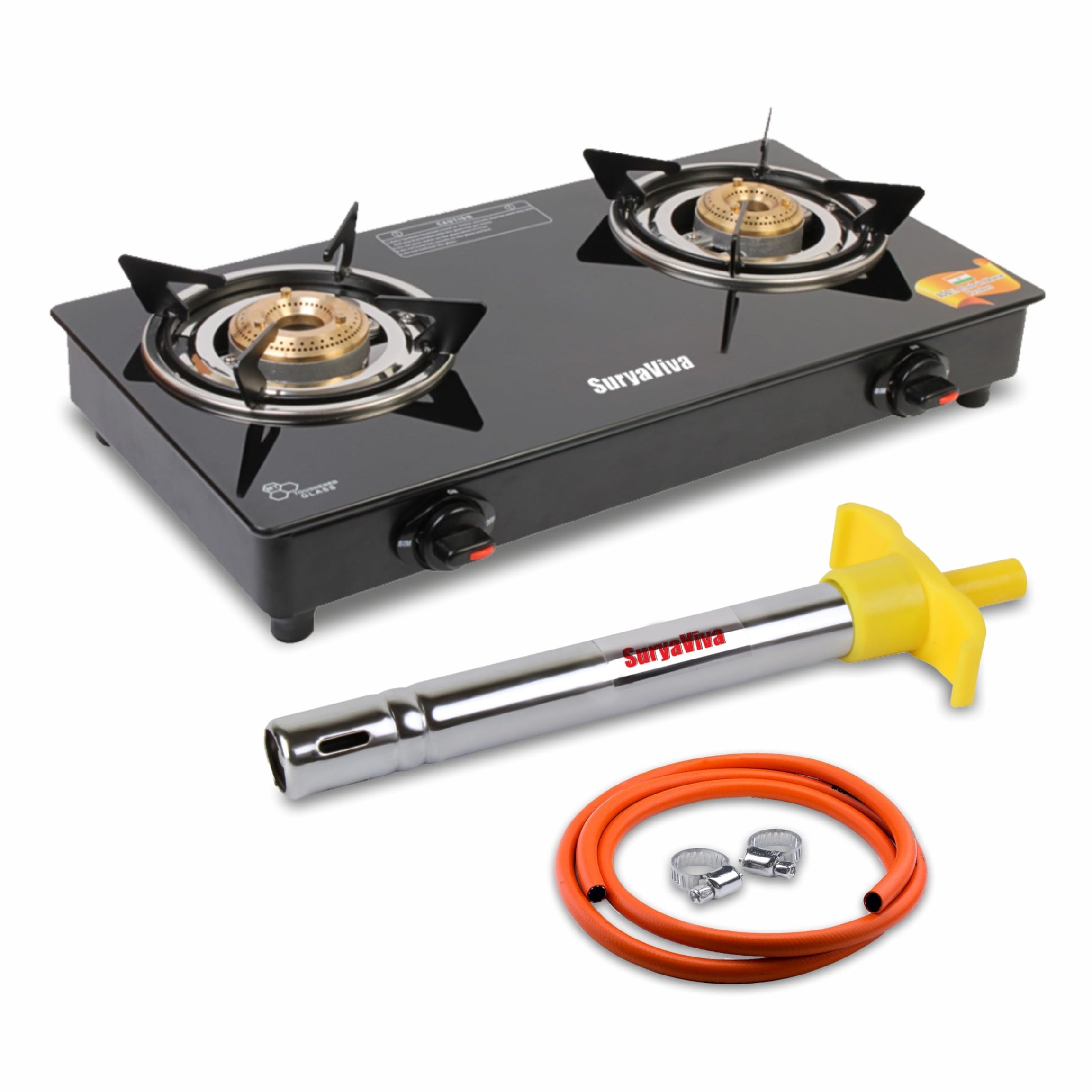 SURYAVIVA Photon 2B Combo [Hose Pipe + Lighter]Toughened Glass 2 Cast Iron Burner (Igniton,Black) Glass Manual Stove