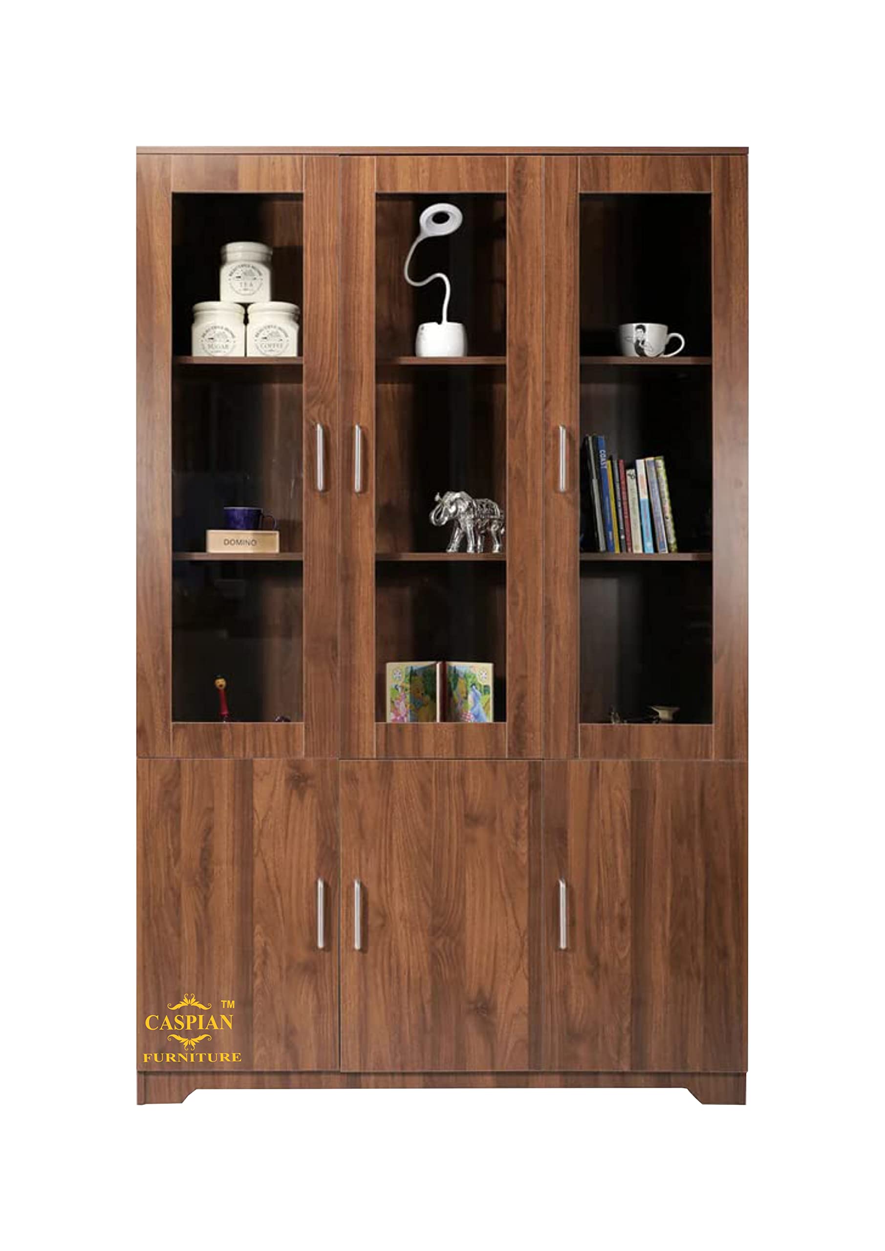 CASPIAN Furniture Bookshelf Cabinet/Showcase Unit with 3 Doors and Transparent Glass | Study Room Furniture | Kids Cupboard/Almirah | Crockery Unit for Kitchen | Showcase Unit