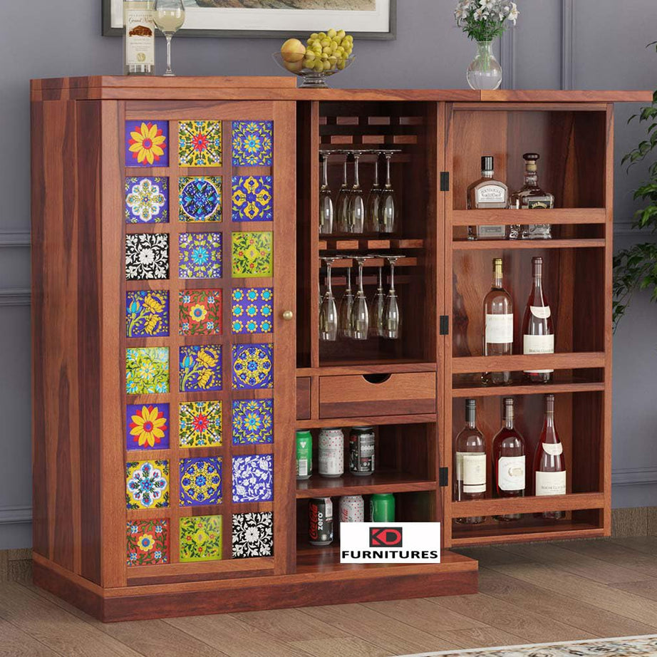 Krafting Kustoms Home Furniture Wood Bar Cabinet for Home | Bar Cabinet for Living Room | Bar Units, Wine Rack with Drawer | Corner Bar Cabinet | Wine Cabinet, Bar Cabinet,Honey Finish