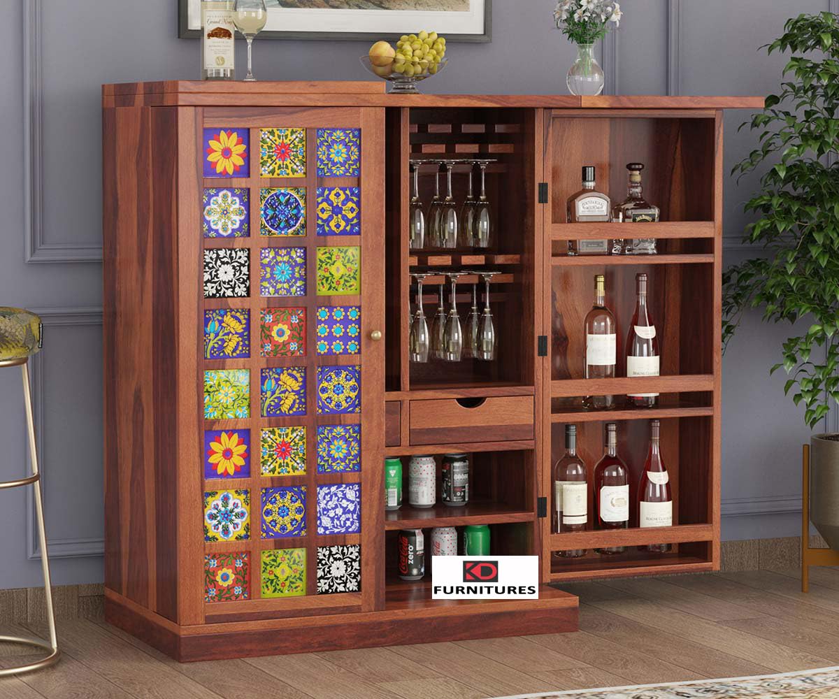 Krafting Kustoms Home Furniture Wood Bar Cabinet for Home | Bar Cabinet for Living Room | Bar Units, Wine Rack with Drawer | Corner Bar Cabinet | Wine Cabinet, Bar Cabinet,Honey Finish