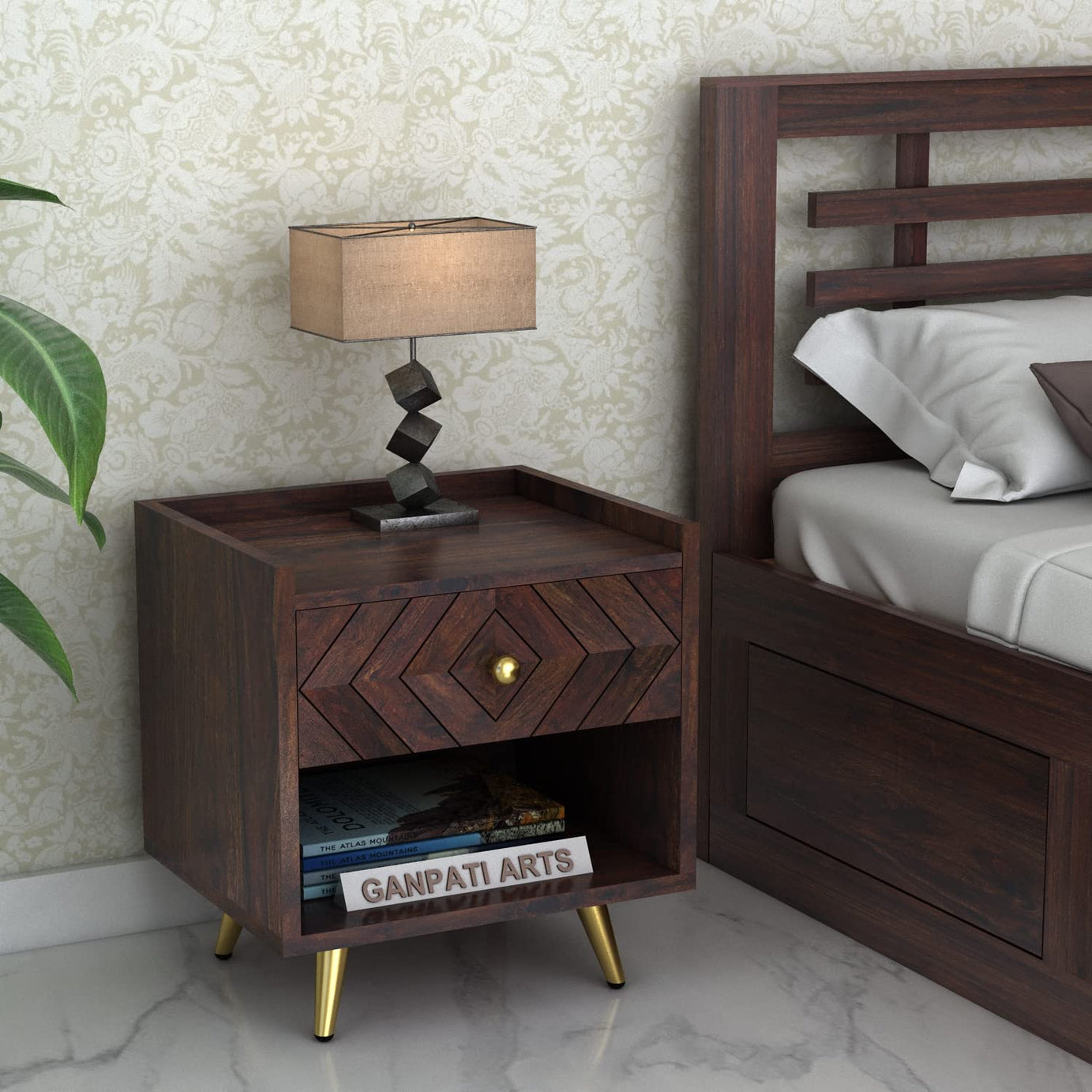 Ganpati Arts Solid Sheesham Wood Wave Bedside Table with 1 Drawer and 1 Shelf Storage for Bedroom End Table for Home (Walnut Finish) 1 Year Warranty