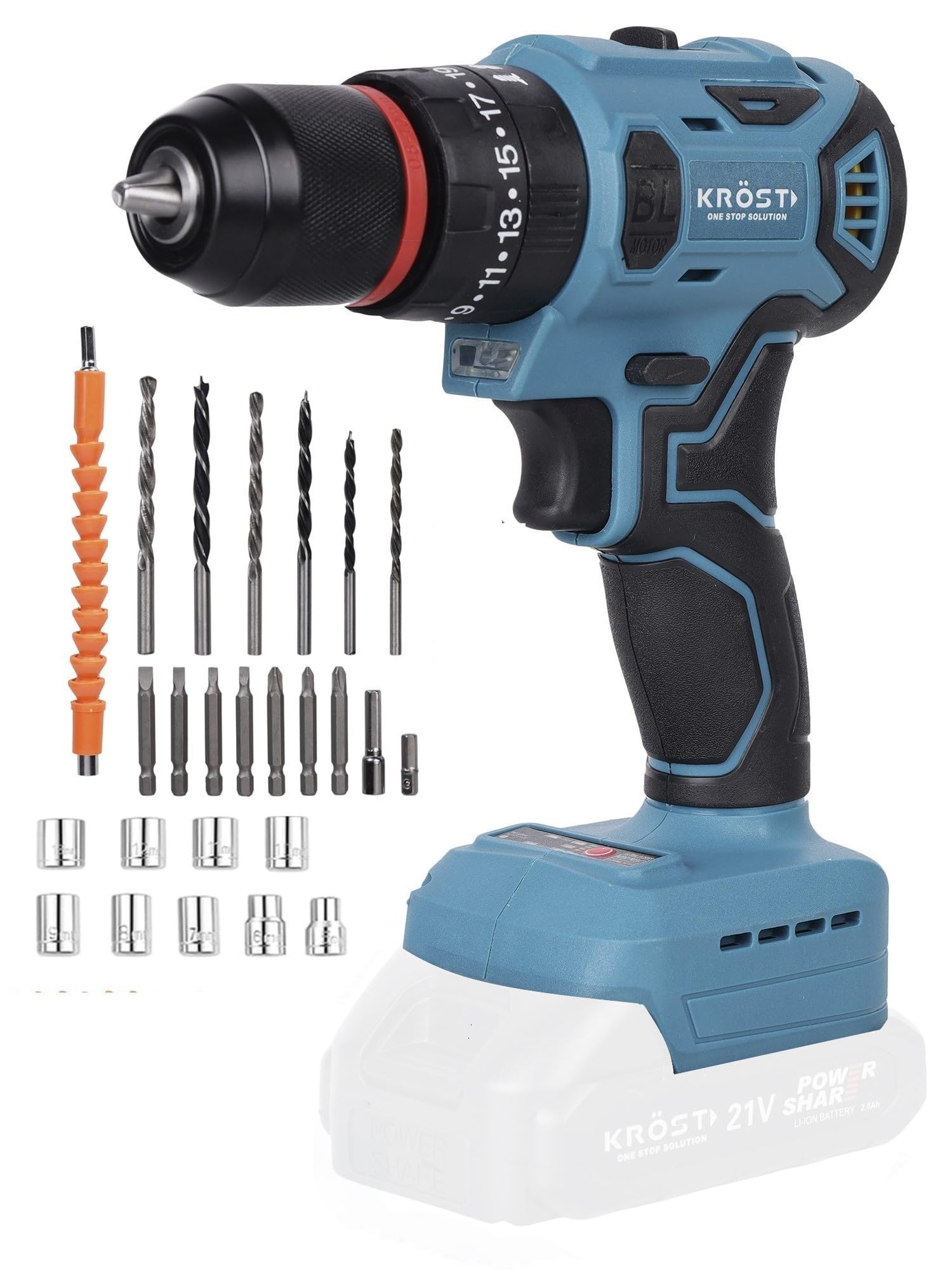 KROST Brushless Cordless Hammer 21v Drill Motor Multi Function Drill, Metal Chuck - 25 Stage Torque Screwdriver Keyless Drill Chuck Extra 30 Accessories(Battery & Charger Not Included) (Bare Tool)