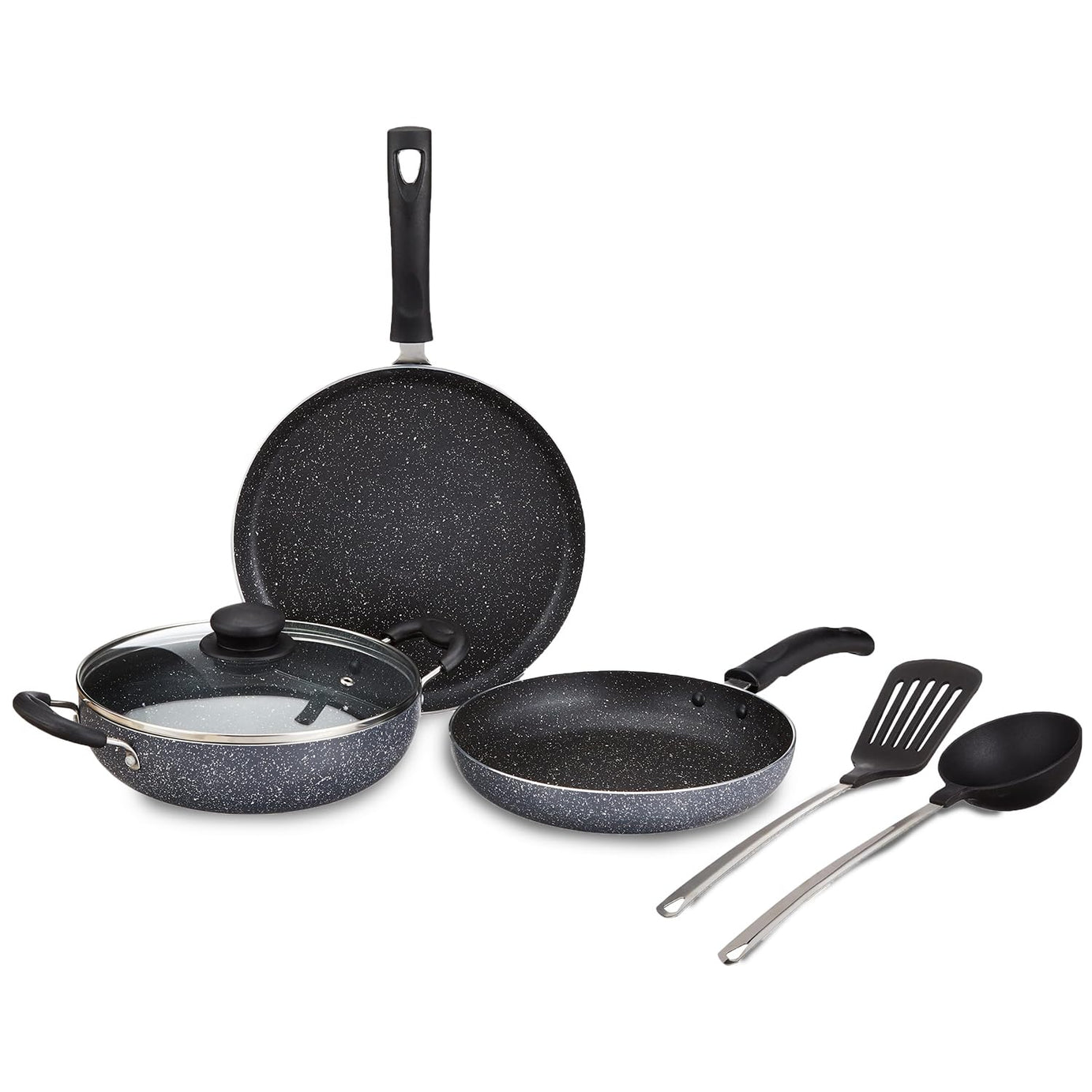 Amazon Brand - Solimo 6 Piece Non-Stick Cookware Set | Granite Finish | Induction Base | PFOA Free | HTR Exterior Coating | 25cm Tawa, 22 cm Kadai, 22cm Fry Pan, 1 Glass Lid & 2 Nylon Spatulas | Grey