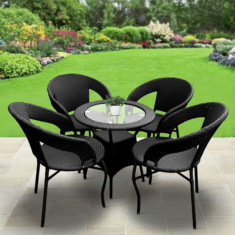 Corazzin Garden Patio Seating Chair and Table Set Outdoor Balcony Garden Coffee Table Set Furniture with 1 Table and 4 Chairs Set (Black), Rattan, 22 Inch, 24 Inch, Inch