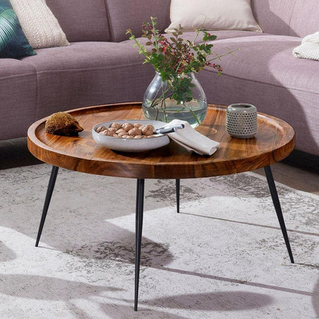 DEVKI INTERIORS Pune Lass Round Coffee Table for Living Room Furniture - Solid Wood Tea Table with Black Metal Legs | Round Center Table in Natural Finish