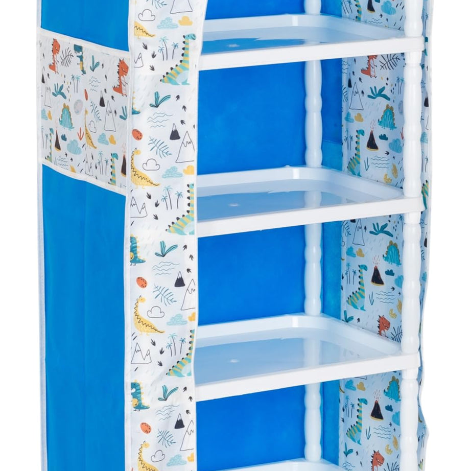 HEGZI Baby Wardrobe for Clothes Multipurpose 6 Shelves, Unbreakable Material, Portable Cloth Storage Rack, Foldable almirah for Clothes, Dinosaur Print, Pack of 1, Plastic