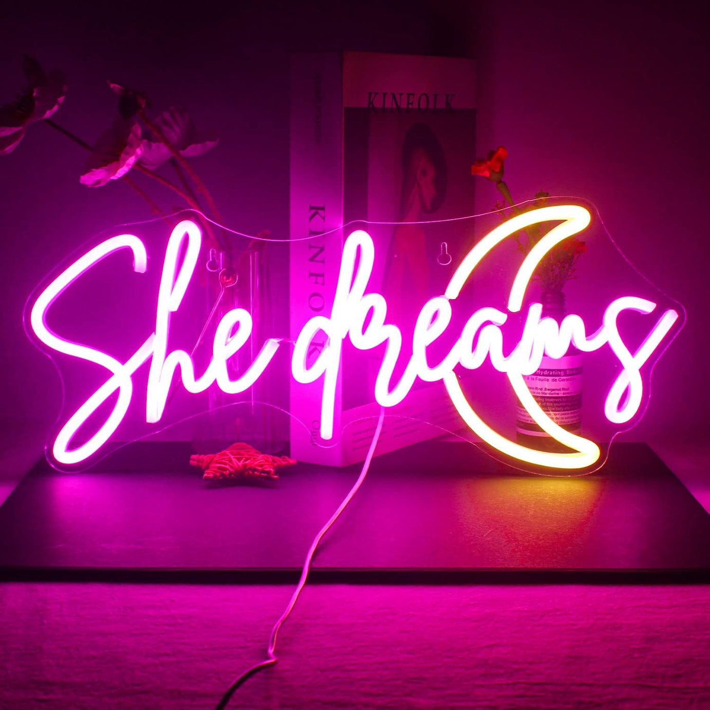 THE PARTY PLANET She Dreams Neon Sign Led Pink Yellow Moon Neon Lights For Wall Decor Word Acrylic Light Up Signs For Bedroom Home Wedding Birthday Party Girls Gifts