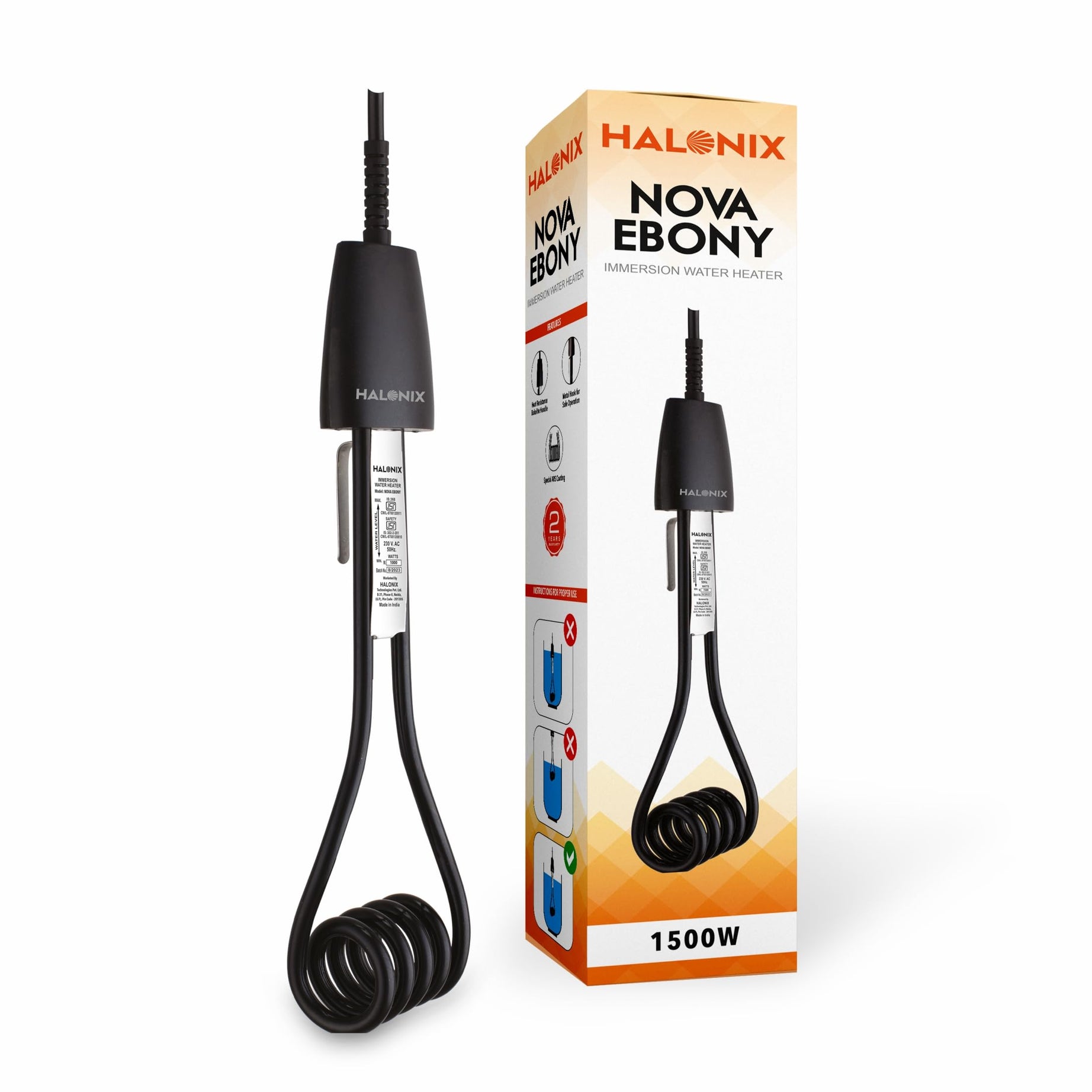 Halonix ADD-ON NOVA EBONY 1500W Electric Water Heater Immersion Rod | Instant Heating With Bucket Holder | ISI Certified 2 Year Replacement Warranty