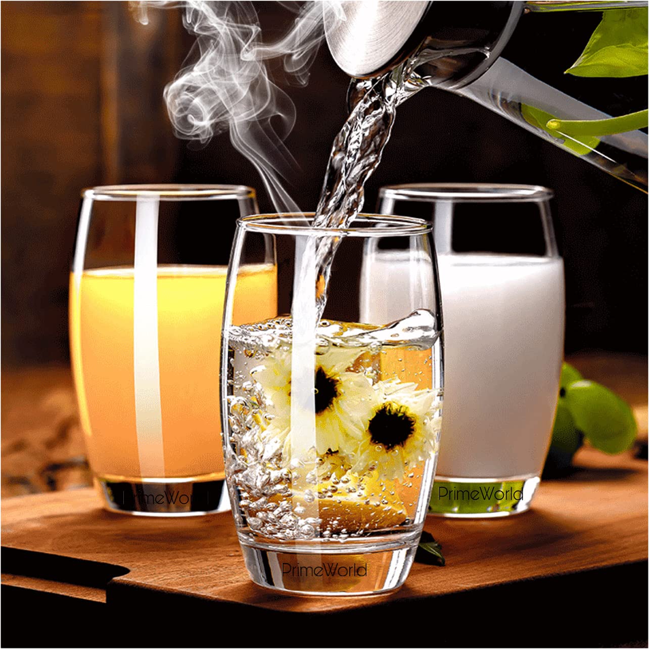 PrimeWorld European Barrel Plain 300 ml Clear Water Glasses Set of 6 pcs - Tall Drinking Glasses for- Water, Juice, Cold drink, Mojito, Cocktail, Lead-Free, Perfect for Home, Restaurants and Parties