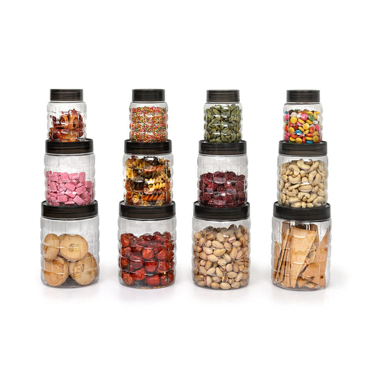 CELLO Checkers Pet Plastic Airtight Canister Set | Food grade and BPA free canisters | Durable & Shatterproof Body |Air tight seal & Stackable |Transparent | 300ml x 4, 650ml x 4, 1200 x 4, Set of 12