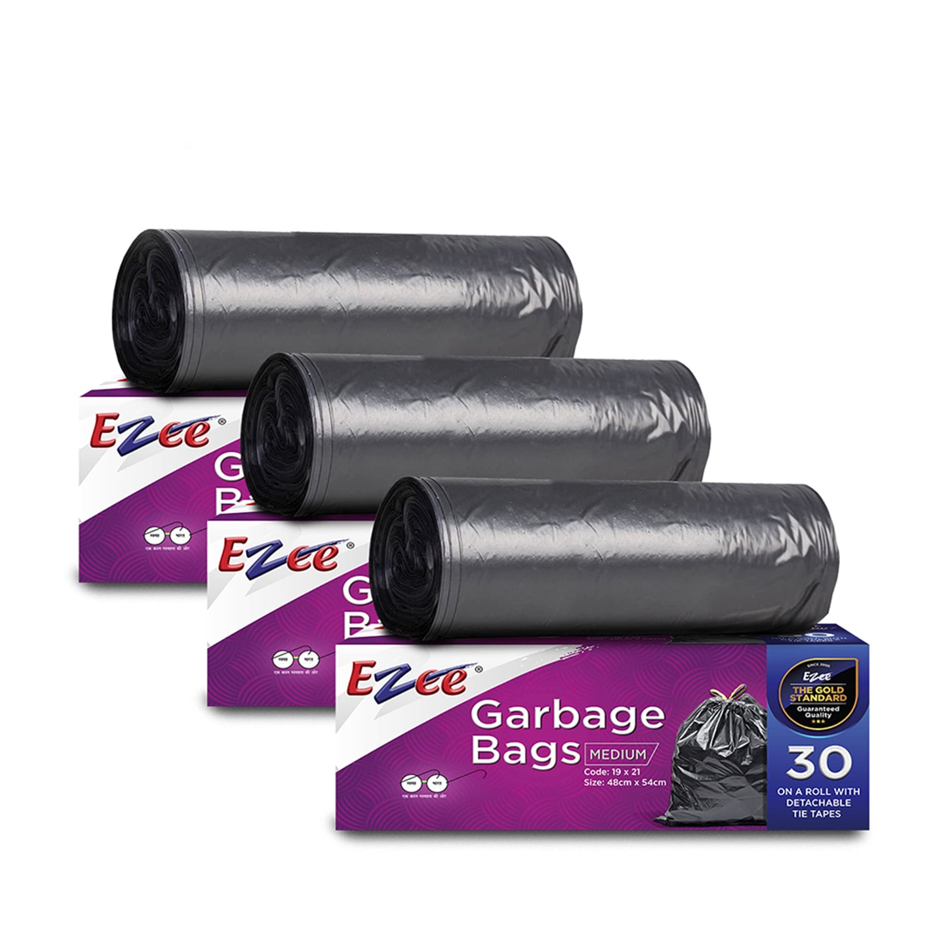 Ezee Black Garbage Bags for Dustbin | 90 Pcs | Medium 19 X 21 Inches | 30 Pcs x Pack of 3