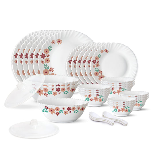 Larah by Borosil Ayana Silk Series Opalware Dinner Set | 35 Pieces for Family of 6 | Microwave & Dishwasher Safe | Bone-Ash Free | Crockery Set for Dining & Gifting | Plates & Bowls | White,Floral