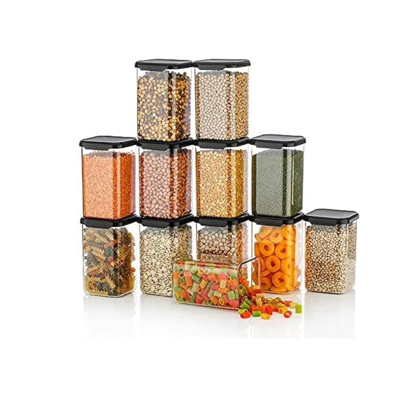 Kitchenwell Plastic 1100 Ml Easy Flow Cereal Dispenser Storage Jar,Idle For Kitchen- Storage Box Lid Food Rice Pasta Pulses Container,Square Containers For Kitchen (Black Cap,Pack Of 12)