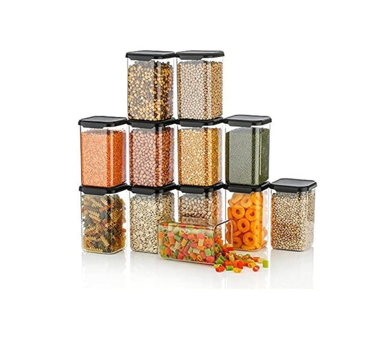 Kitchenwell Plastic 1100 Ml Easy Flow Cereal Dispenser Storage Jar,Idle For Kitchen- Storage Box Lid Food Rice Pasta Pulses Container,Square Containers For Kitchen (Black Cap,Pack Of 12)