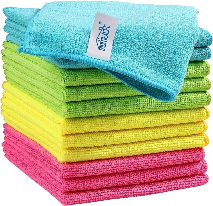 HOMEXCEL Microfiber Cleaning Cloth | 250 GSM - 12 Pack (30cm x 30cm) - Kitchen Towels, Car Wash Cloth,Cleaning Rag,Cleaning Towels With 4 Color Assorted(Parrot Green/Sky Blue/Yellow/Pink)