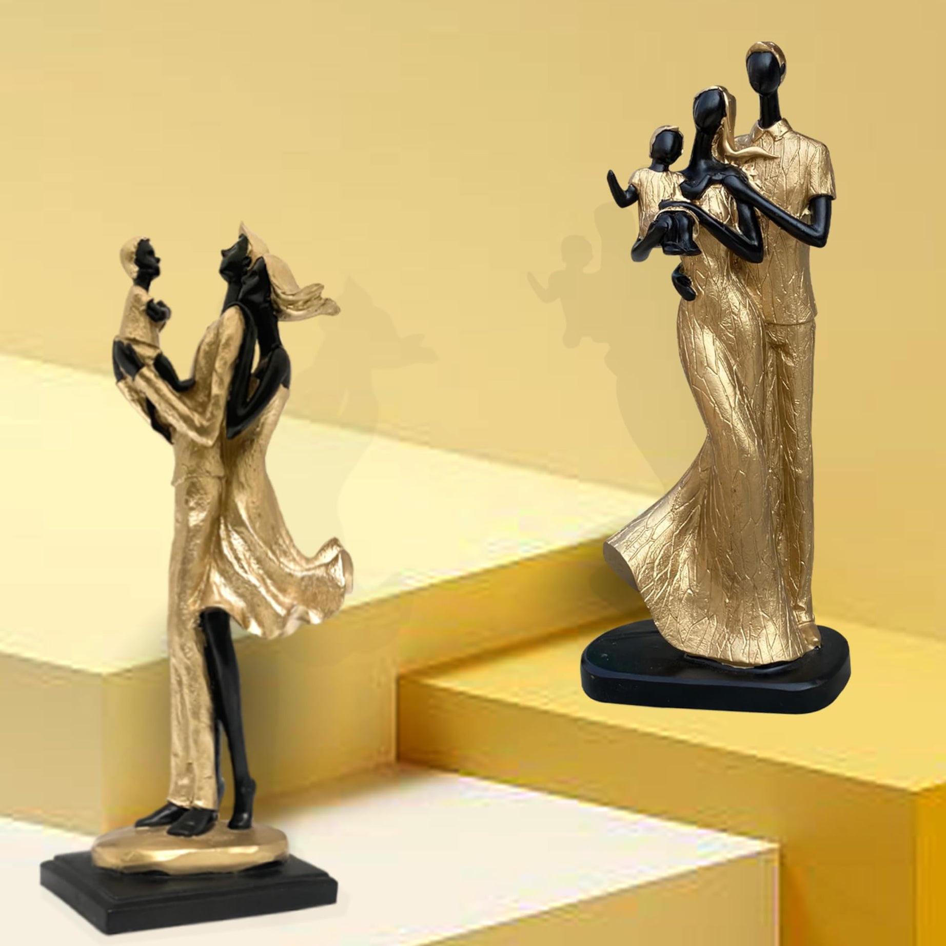 Xtore Stylish Golden Black Resin Couple Statues with Child for Home Decor (Pack of 2, Black & Golden)…