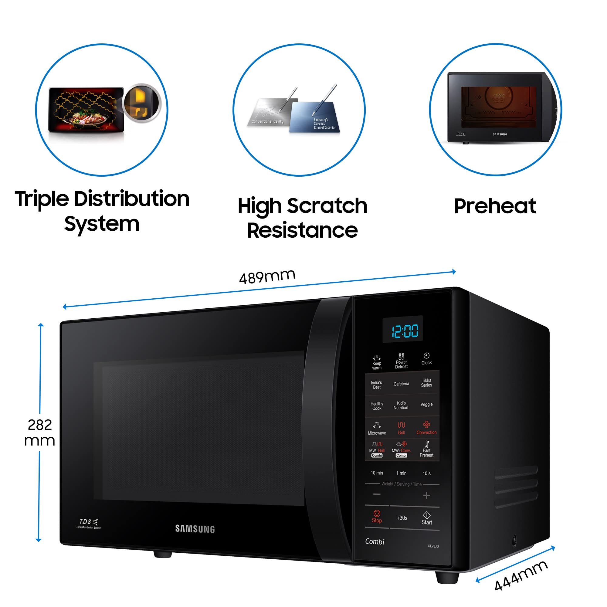 Samsung 21L, Convection Microwave Oven with Triple Distribution System(CE73JD-B1/XTL, Black, 10 Yr warranty, Gift for Every Occasion)