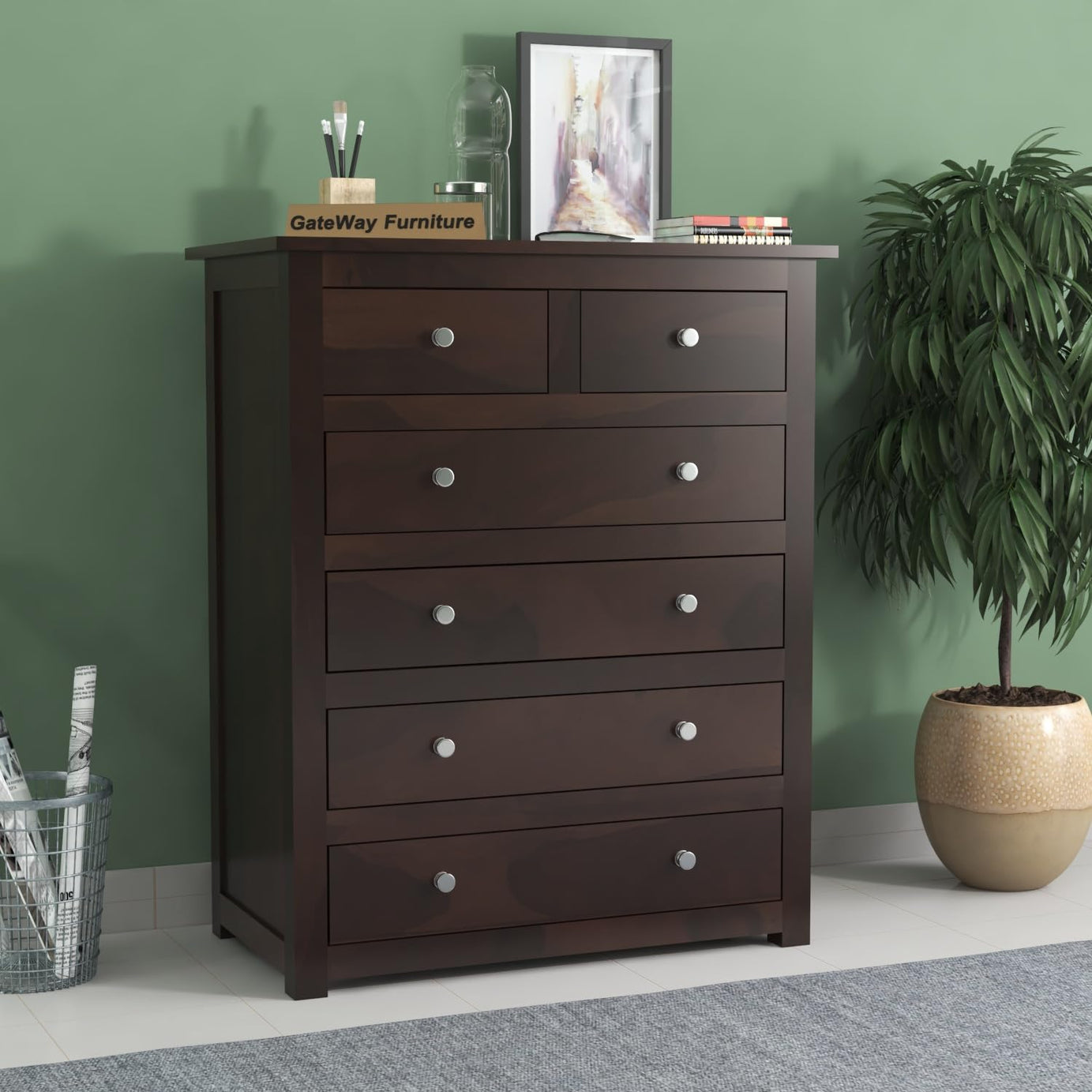 GateWay Furniture Contemporary Sheesham Wood Wooden Chest of Drawers - 6 Drawer Storage Solution (Carter, Walnut Finish)