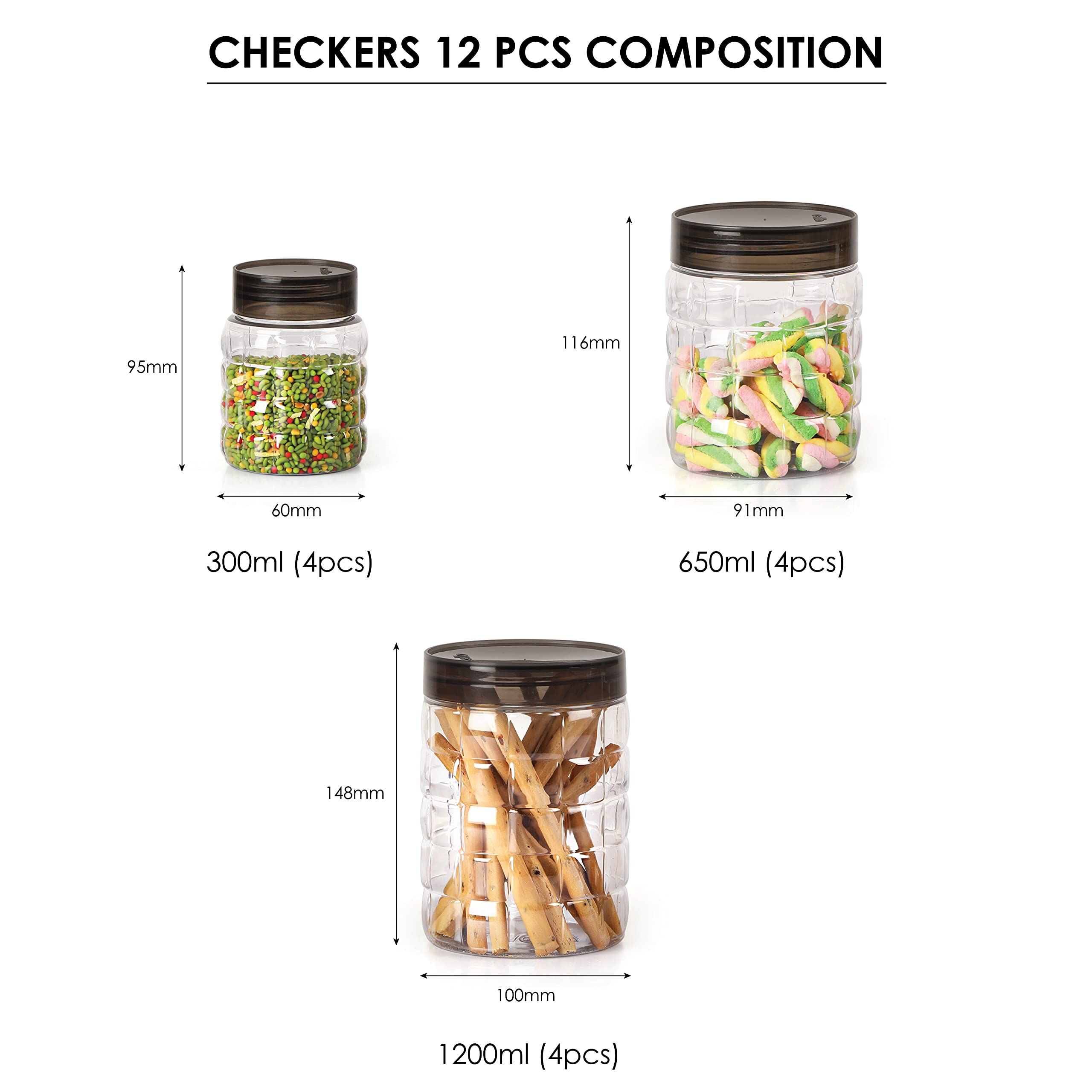 CELLO Checkers Pet Plastic Airtight Canister Set | Food grade and BPA free canisters | Durable & Shatterproof Body |Air tight seal & Stackable |Transparent | 300ml x 4, 650ml x 4, 1200 x 4, Set of 12