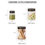 CELLO Checkers Pet Plastic Airtight Canister Set | Food grade and BPA free canisters | Durable & Shatterproof Body |Air tight seal & Stackable |Transparent | 300ml x 4, 650ml x 4, 1200 x 4, Set of 12