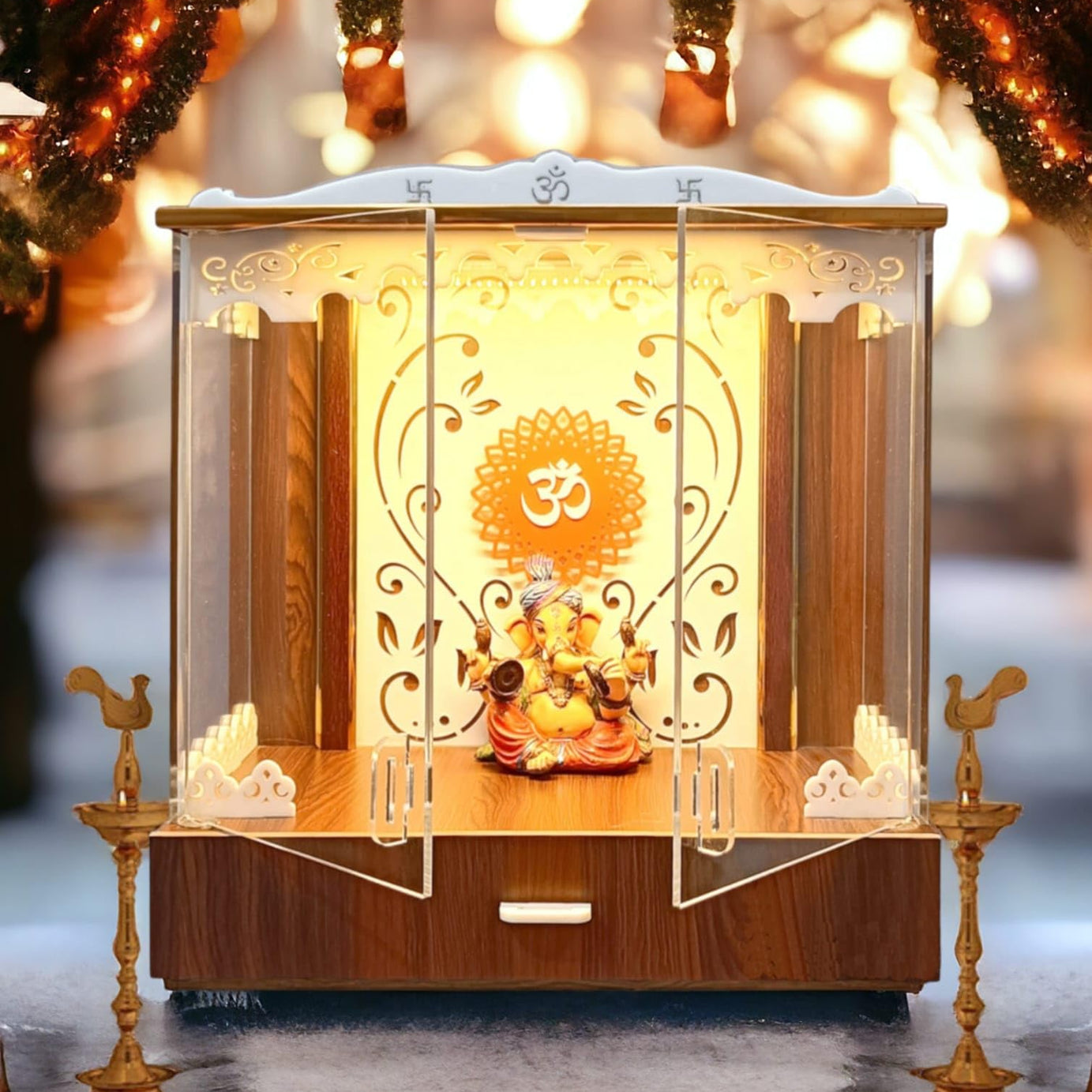 Beautiful Wooden Temple With Clear Acrylic Door, 21 Cm