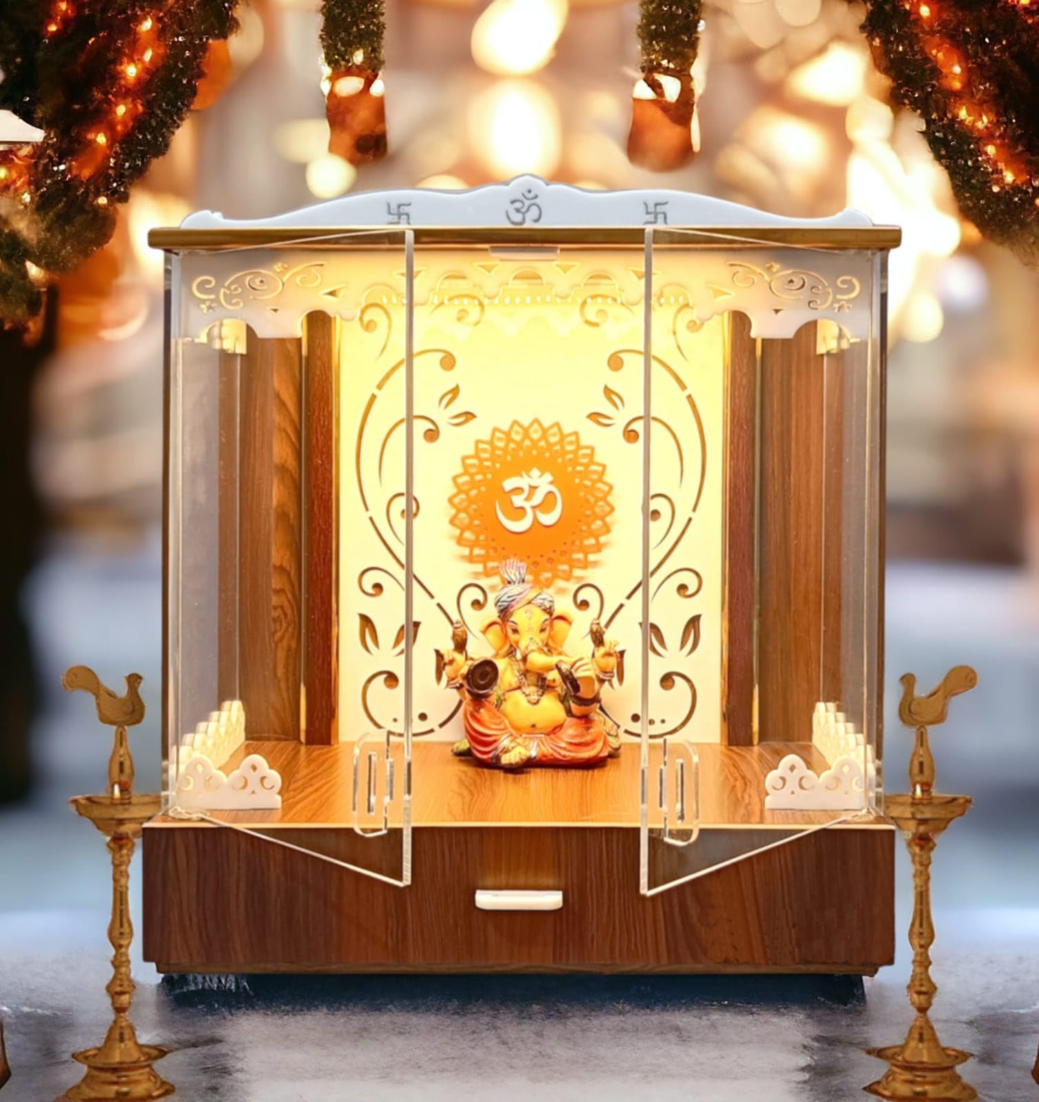 Beautiful Wooden Temple With Clear Acrylic Door, 21 Cm