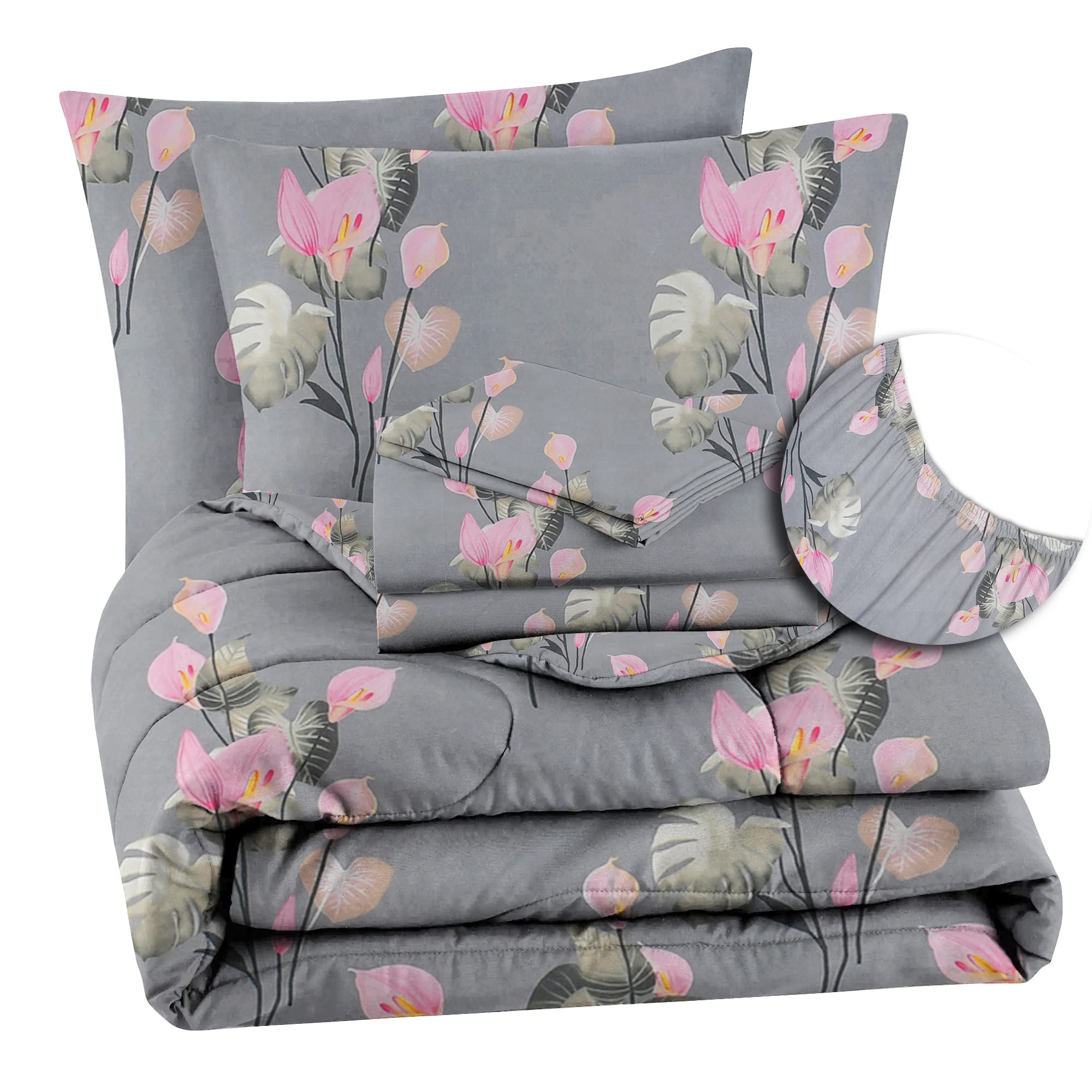 VAS COLLECTIONS 350TC Floral Cotton Feel AC Comforter Set King Size Double Bed with 1 Fltted bedsheet & Two King Pillow Covers, 4 pieces Bedding Set (90x100 inch & 72x78 inch, Grey & Pink)