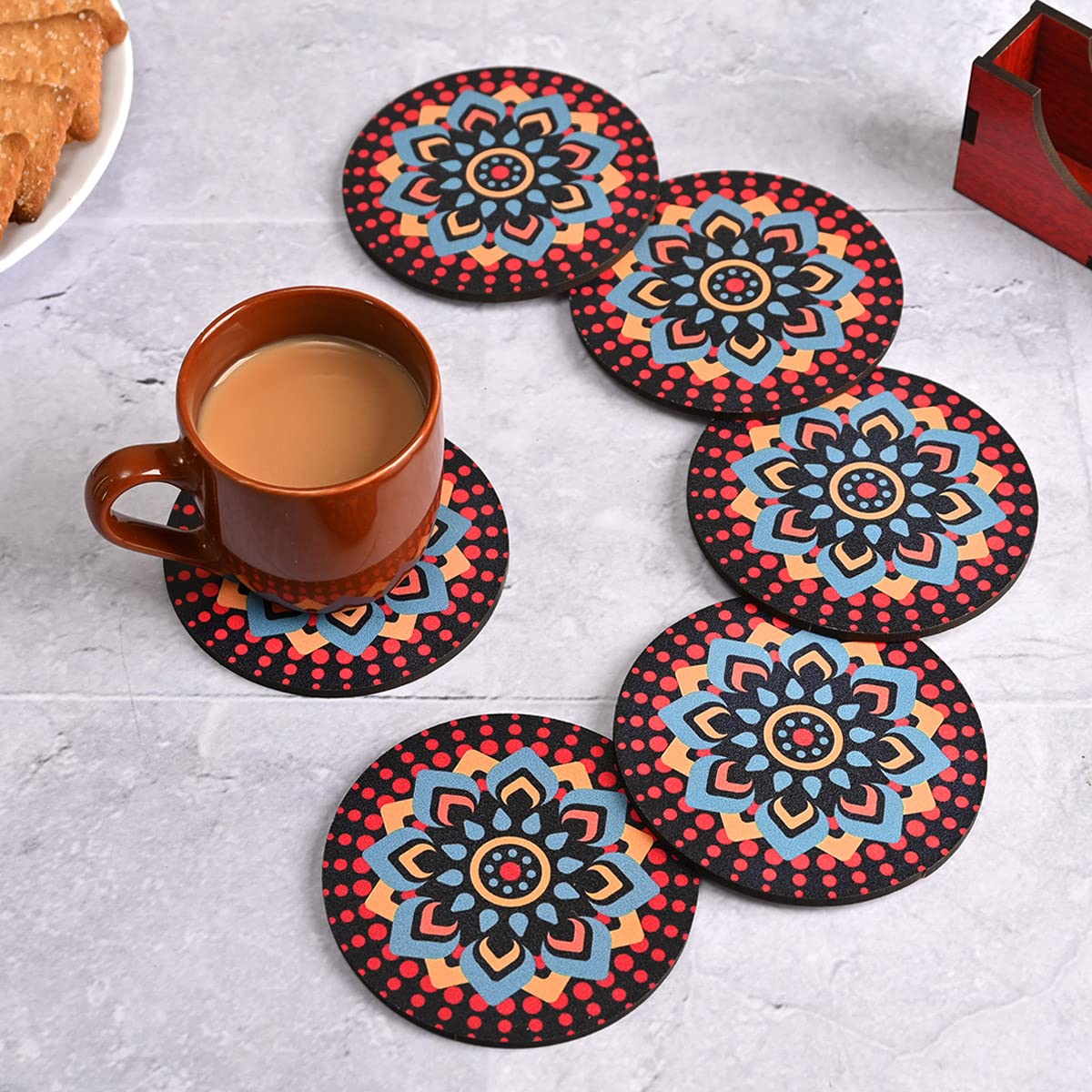 Gift Kya De Gkd Coaster Set Of 6 Beautiful Wooden Coasters With Proper Coaster Stand Designer Coaster Set Fit For Tea Cups,Coffee Mugs&Glasses (Round&Designer 3.5X3.5 Inch) (Black)