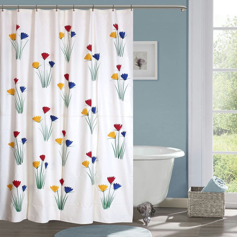 Feelings PVC Waterproof 7 Feet Shower Curtain with 8 Hook - 54 x 84 Inch - Floral Design Print on Shower Curtain | Multicolor