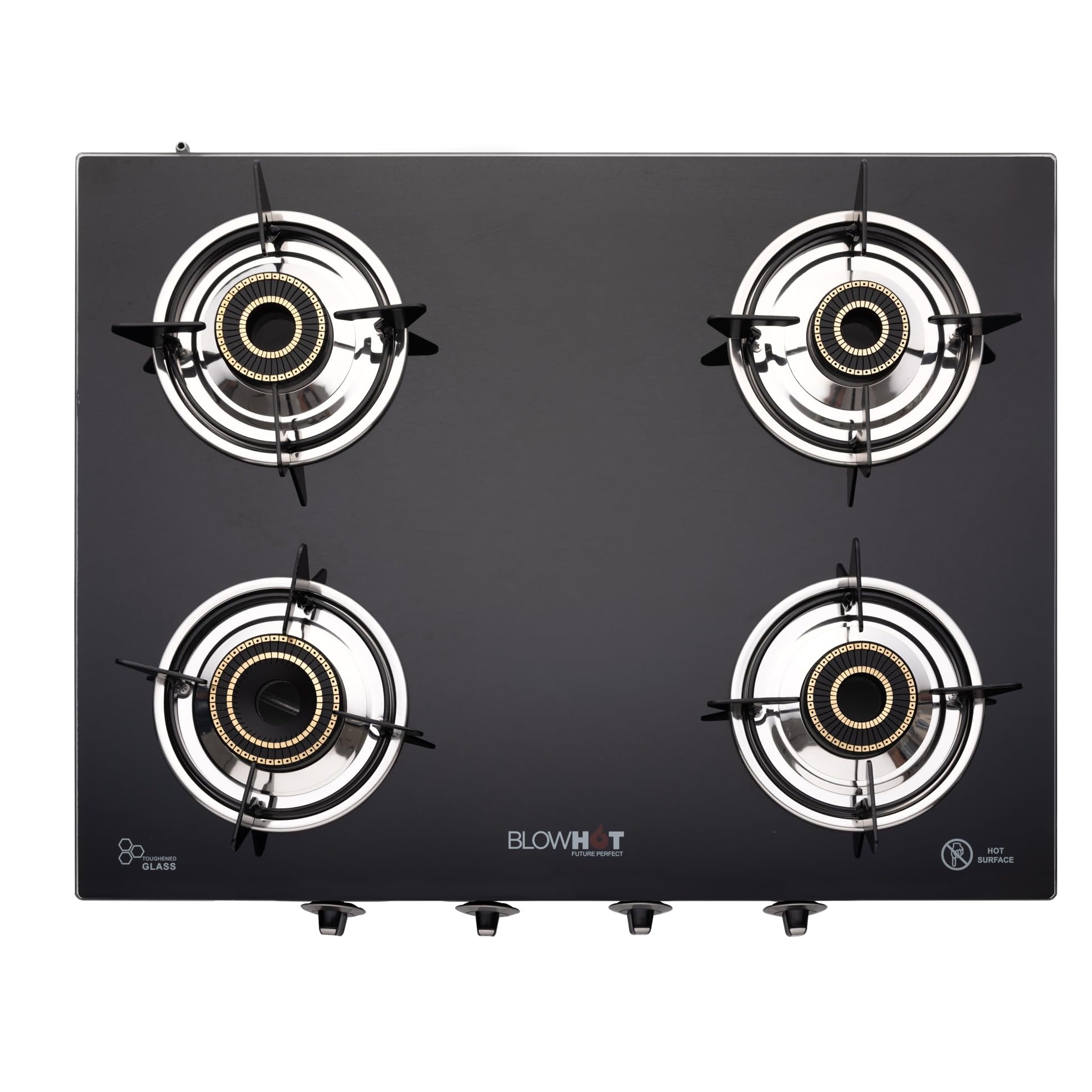 BLOWHOT Jasper Heavy Tornado Brass 4 Burner Auto Ignition Gas Stove | Toughened Glass Cooktop | ISI Certified - Stainless Steel Frame Black