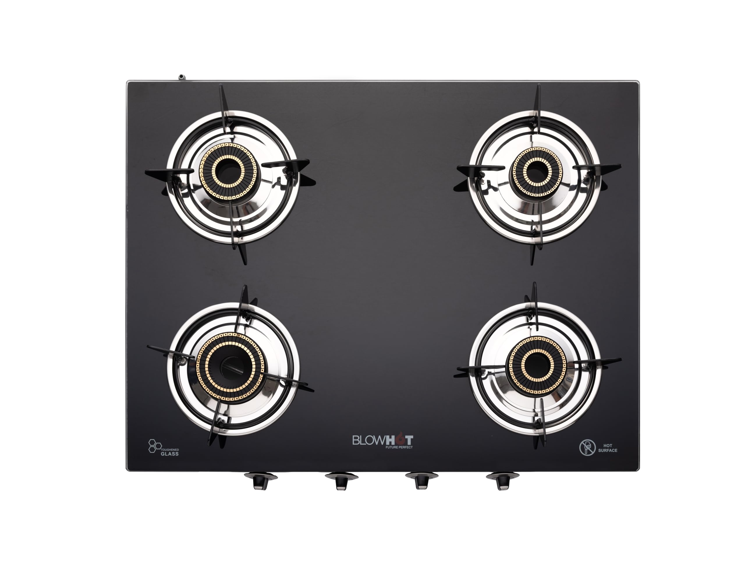 BLOWHOT Jasper Heavy Tornado Brass 4 Burner Auto Ignition Gas Stove | Toughened Glass Cooktop | ISI Certified - Stainless Steel Frame Black