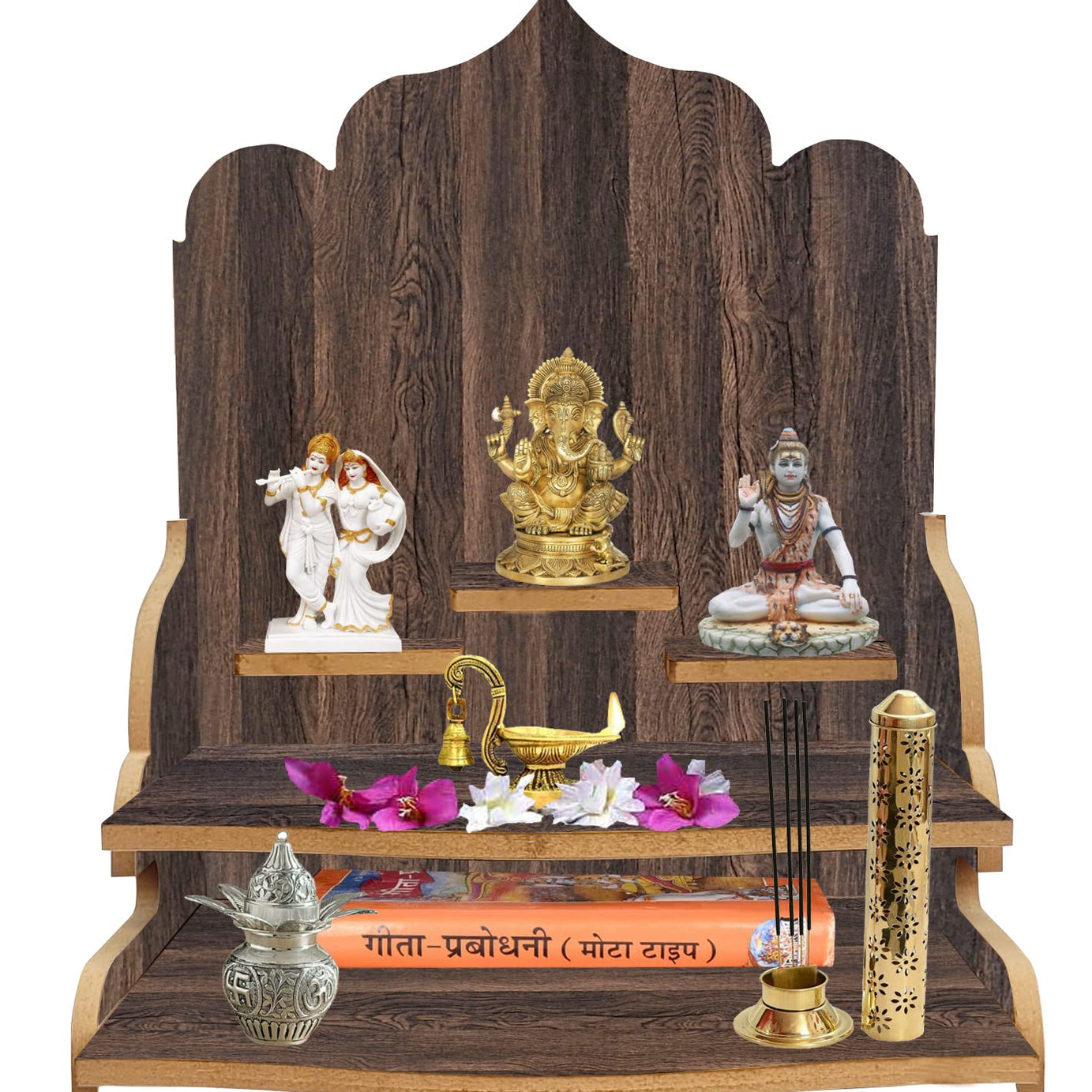 LINGAZ Wooden New Wall Mounted Hanging Puja Temple Stand for Home, Shop and Office