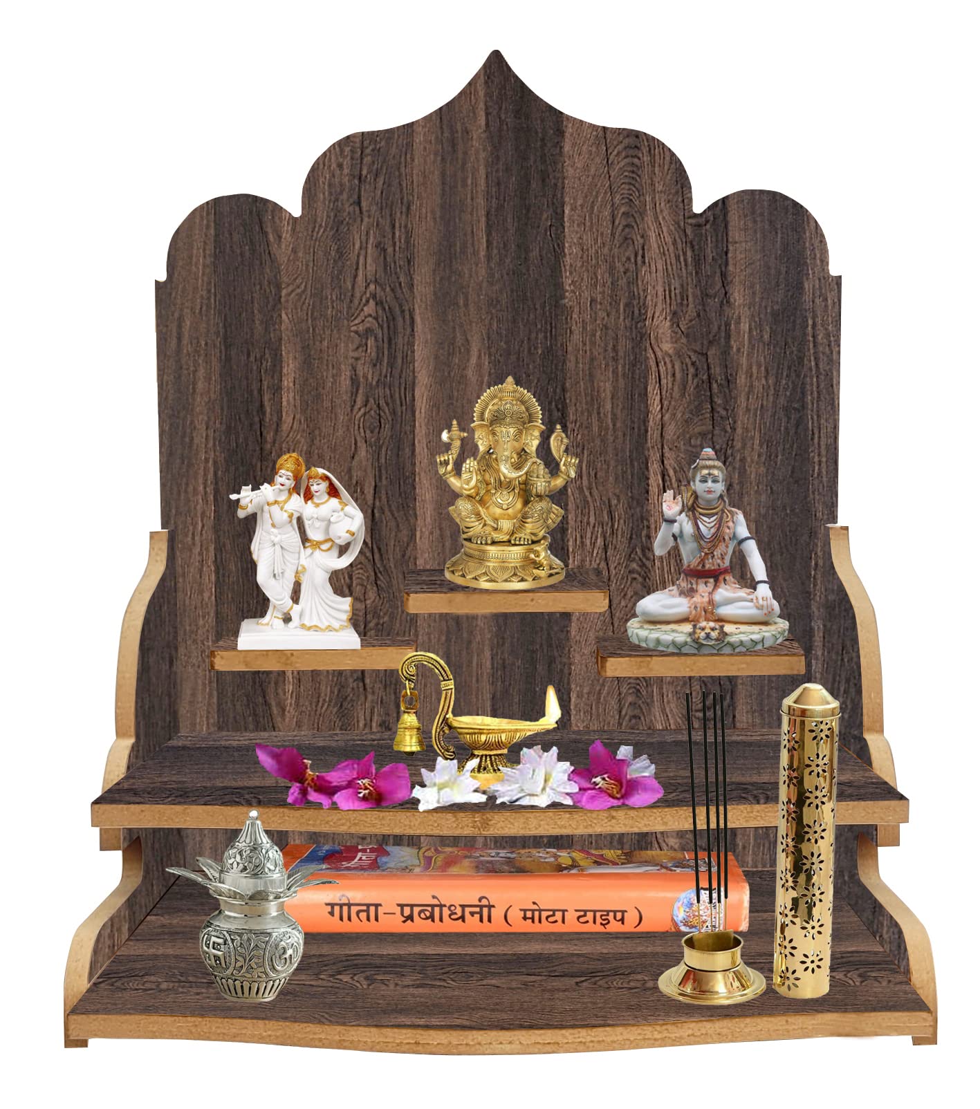 LINGAZ Wooden New Wall Mounted Hanging Puja Temple Stand for Home, Shop and Office