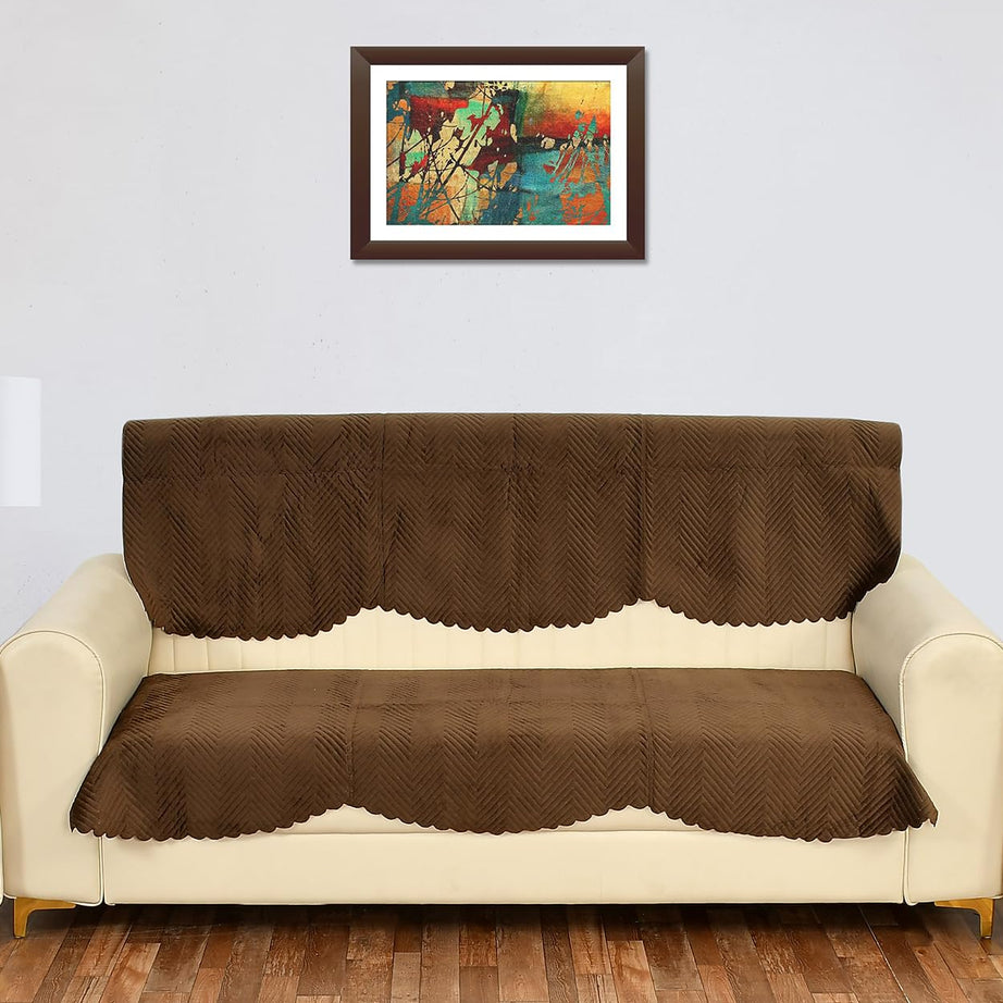 Yellow Weaves Velvet 3 Seater Quilted Sofa Cover and Chair Cover, Seat & Back Cover, Color - Dark Brown