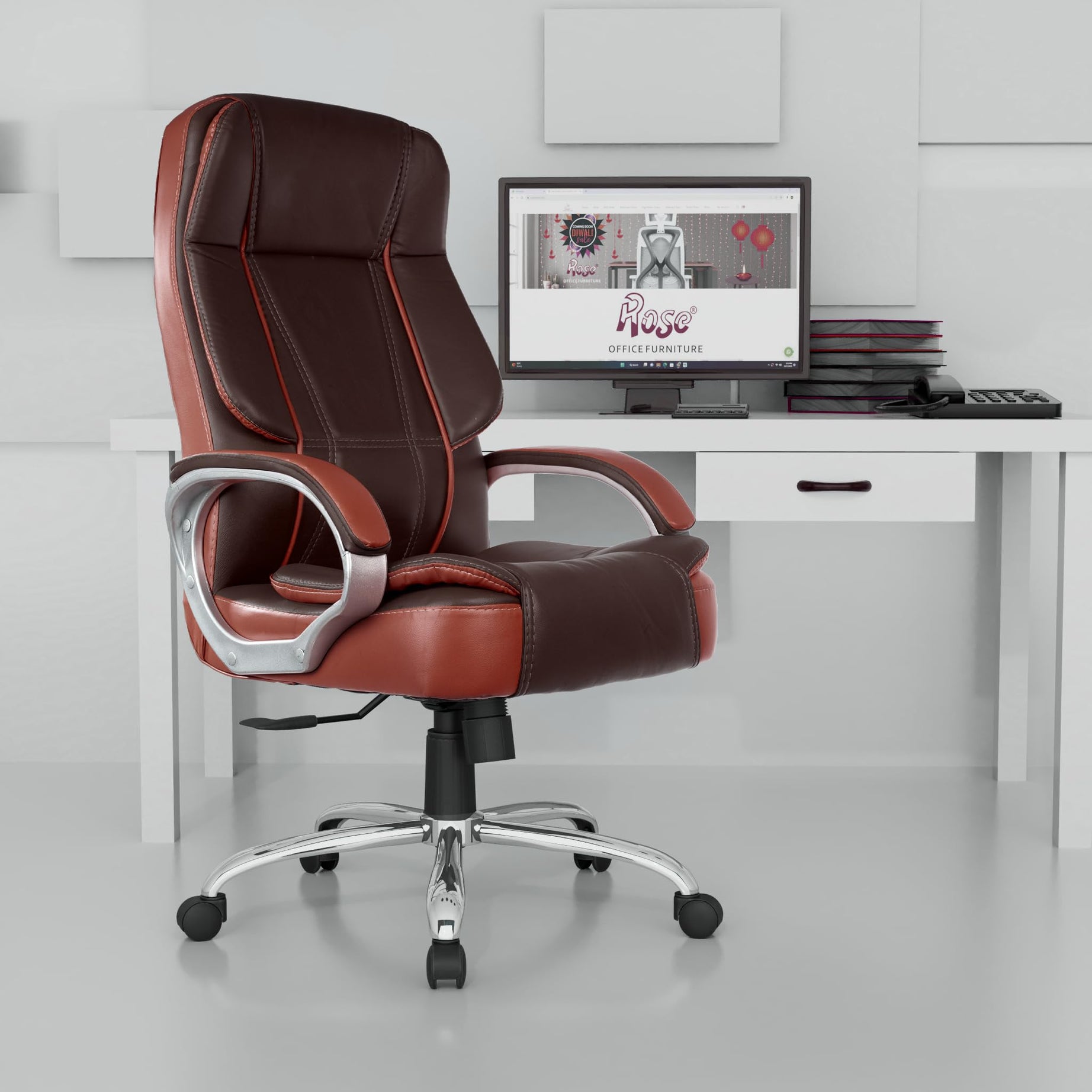 Rose Designer Chairs® SpaceX Leatherette Executive High Back Revolving Office Chair (Brown & Maroon)