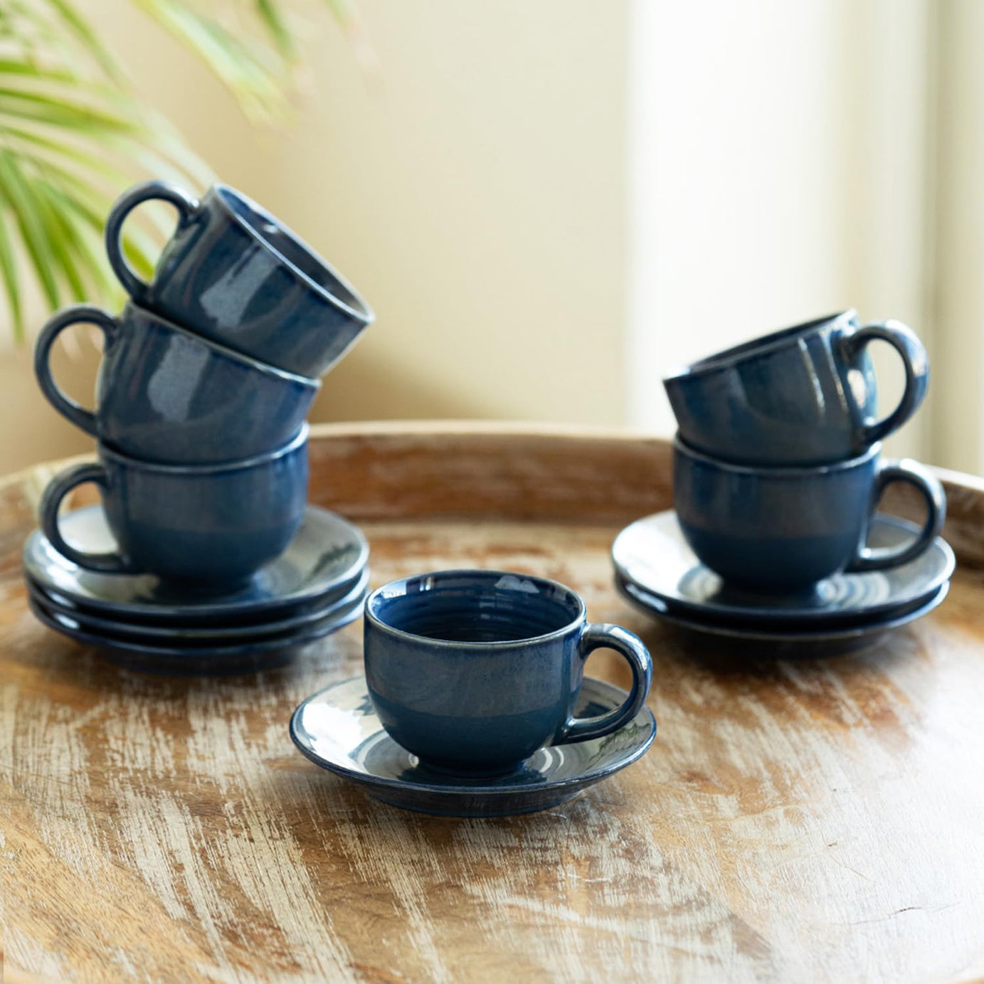 ExclusiveLane 'Ocean Ripples' Ceramic Cups and Saucers Set of 6 (120 ML, Dark Blue, Dishwasher & Microwave Safe) | Ceramic Tea Cups Set of 6 Coffee Cups Set Tea Mugs Set of 6 Chai Cups Ceramic Cup Set