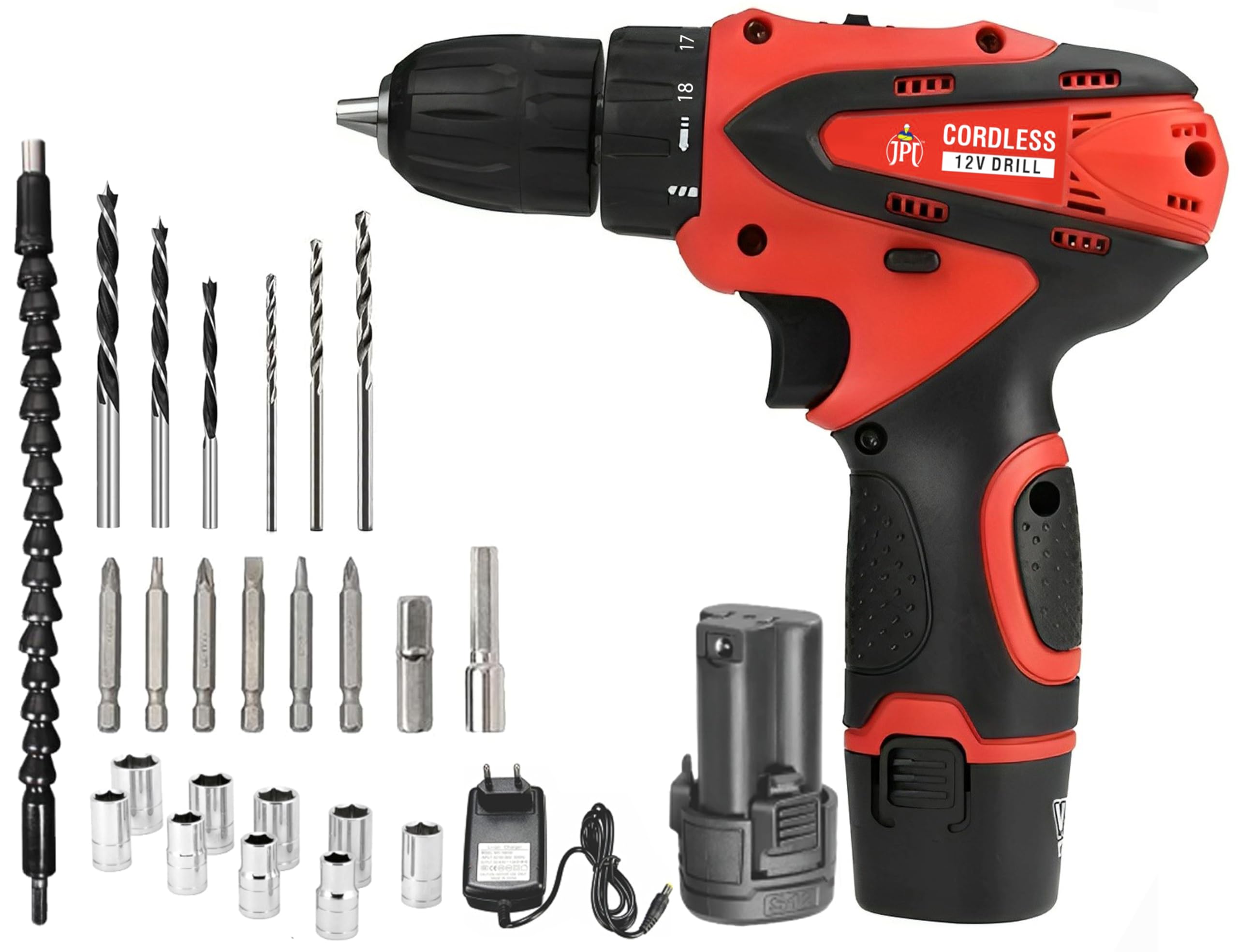 JPT 12V Powerful Cordless Drill Machine | 1350 RPM | 18 Torque | 10MM | 1.50 KW | 2 Speed Gear | 2x Batteries | Fast Charger | Keyless Chuck | 24Pcs Bits and Sockets | Carrying Case, Multicolor