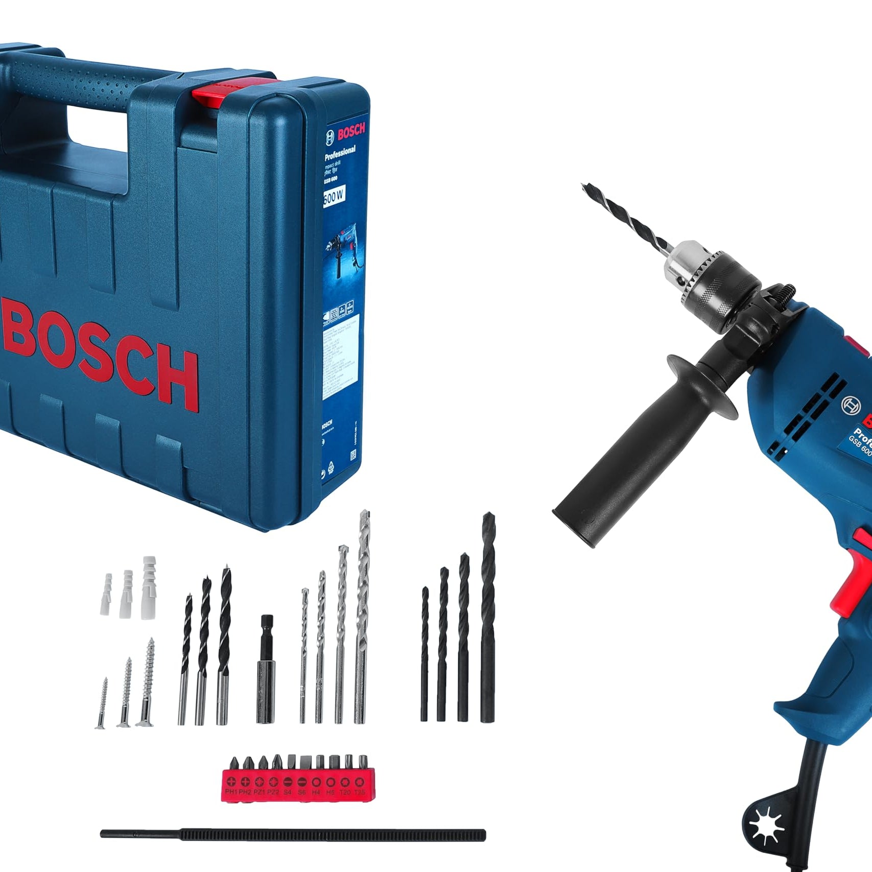 BOSCH Gsb 600 Corded Electric Impact Drill With Wrapset Kit, 600 W, 13 Mm, 1.7 Kg, 3000 Rpm, 1.4 Nm, Variable Speed, Forward/Reverse Rotation, Double Insulation, Carbon Brush, 1 Year Warranty, Blue